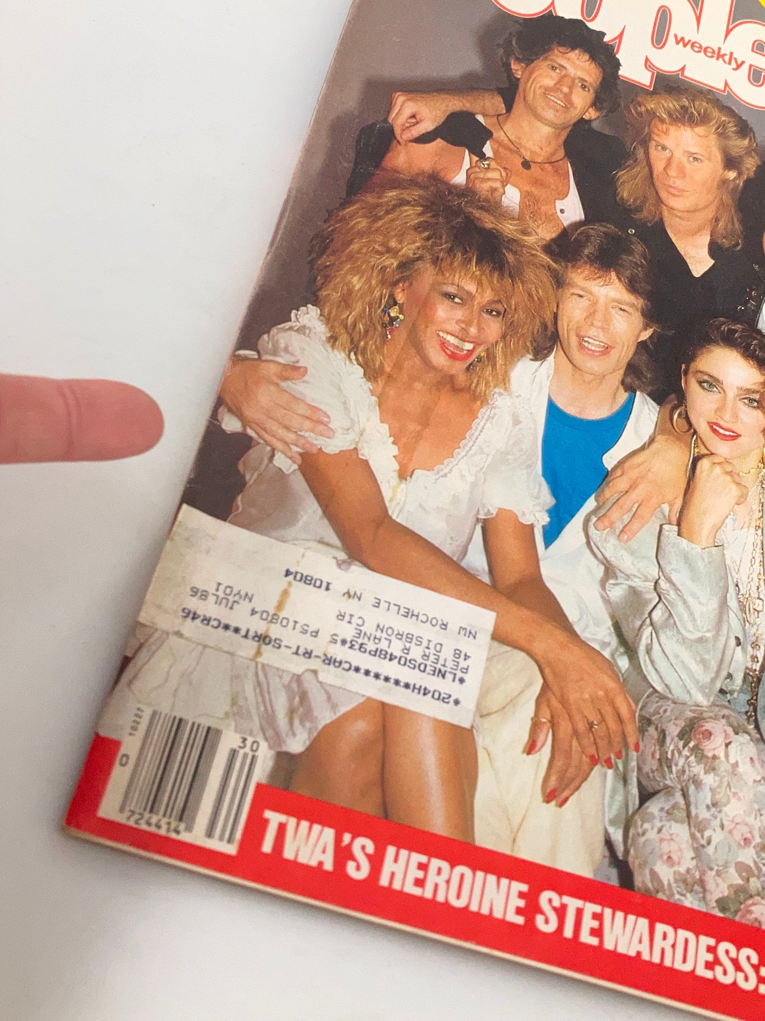 Close-up of the People Weekly Magazine cover from July 29, 1985, highlighting TWA's Heroine Stewardess untold story with a glimpse of musicians featured.