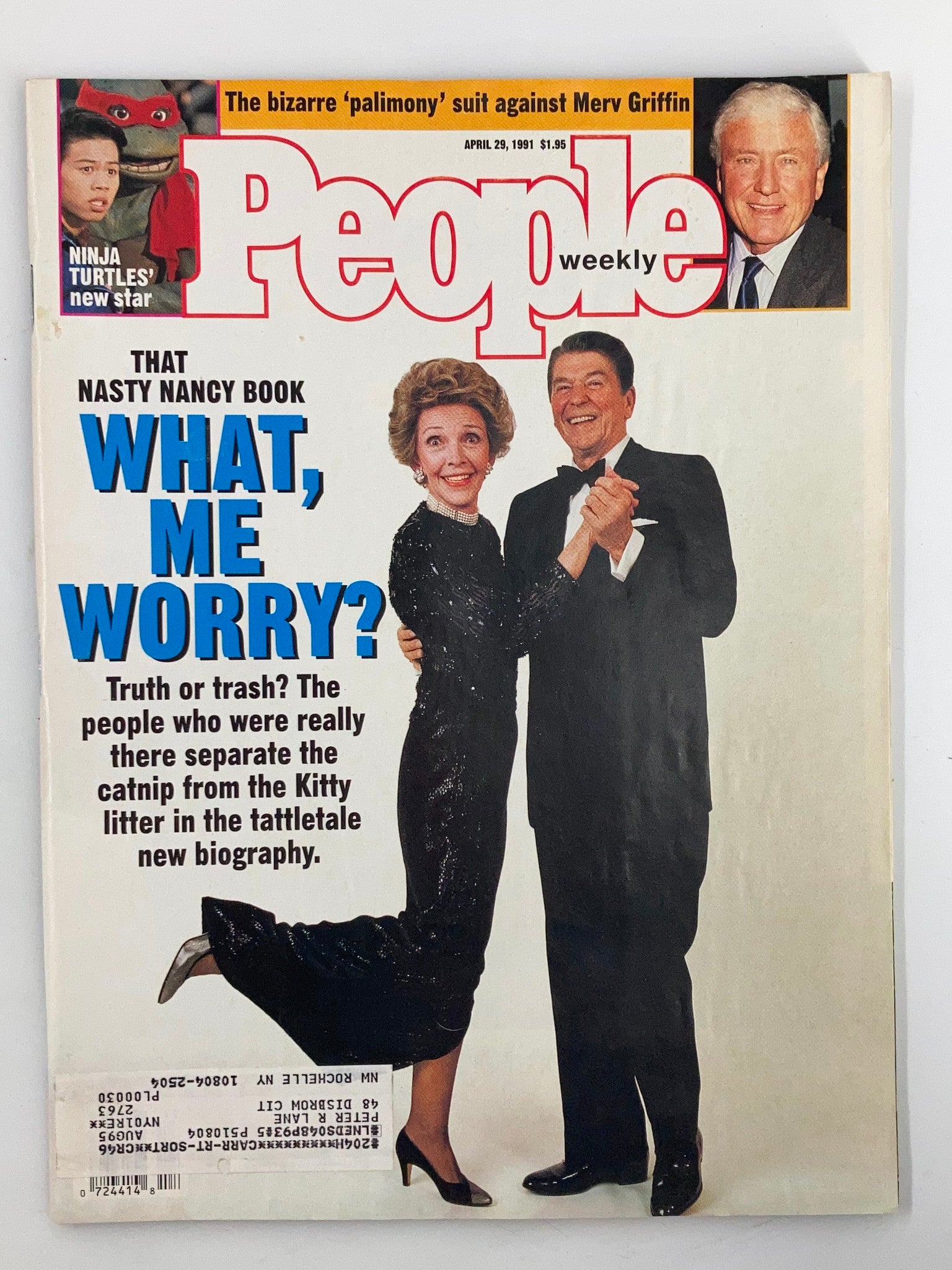 People Weekly Magazine cover from April 29, 1991 featuring Nancy Reagan and Ronald Reagan dancing together. The cover highlights articles related to Nancy Reagan's biography and the Reagans' personal stories, showcasing vintage celebrity culture.