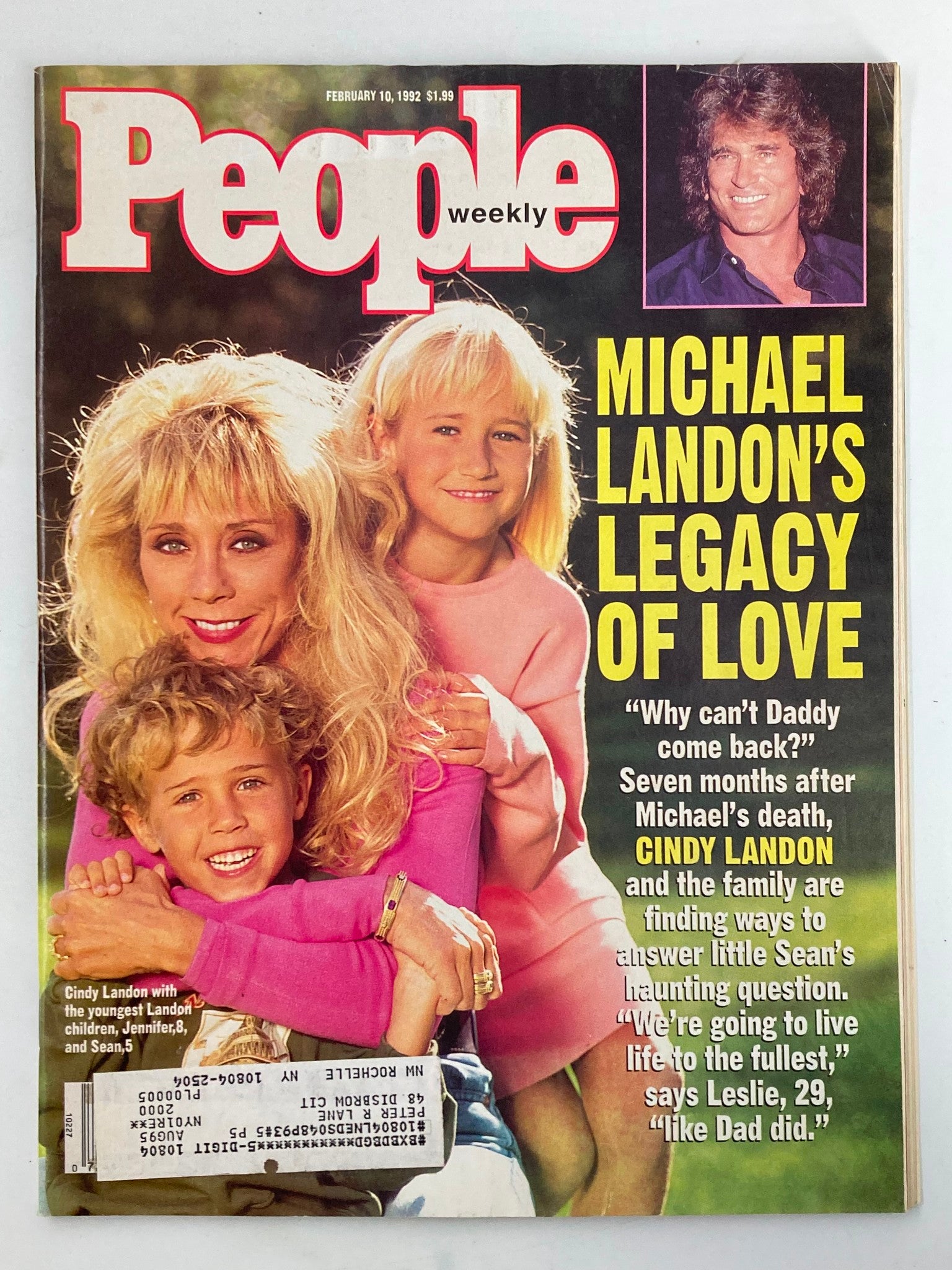 People Weekly Magazine cover from February 10, 1992, featuring Cindy Landon with her children, Jennifer and Sean, showcasing a family moment in the wake of Michael Landon's legacy.