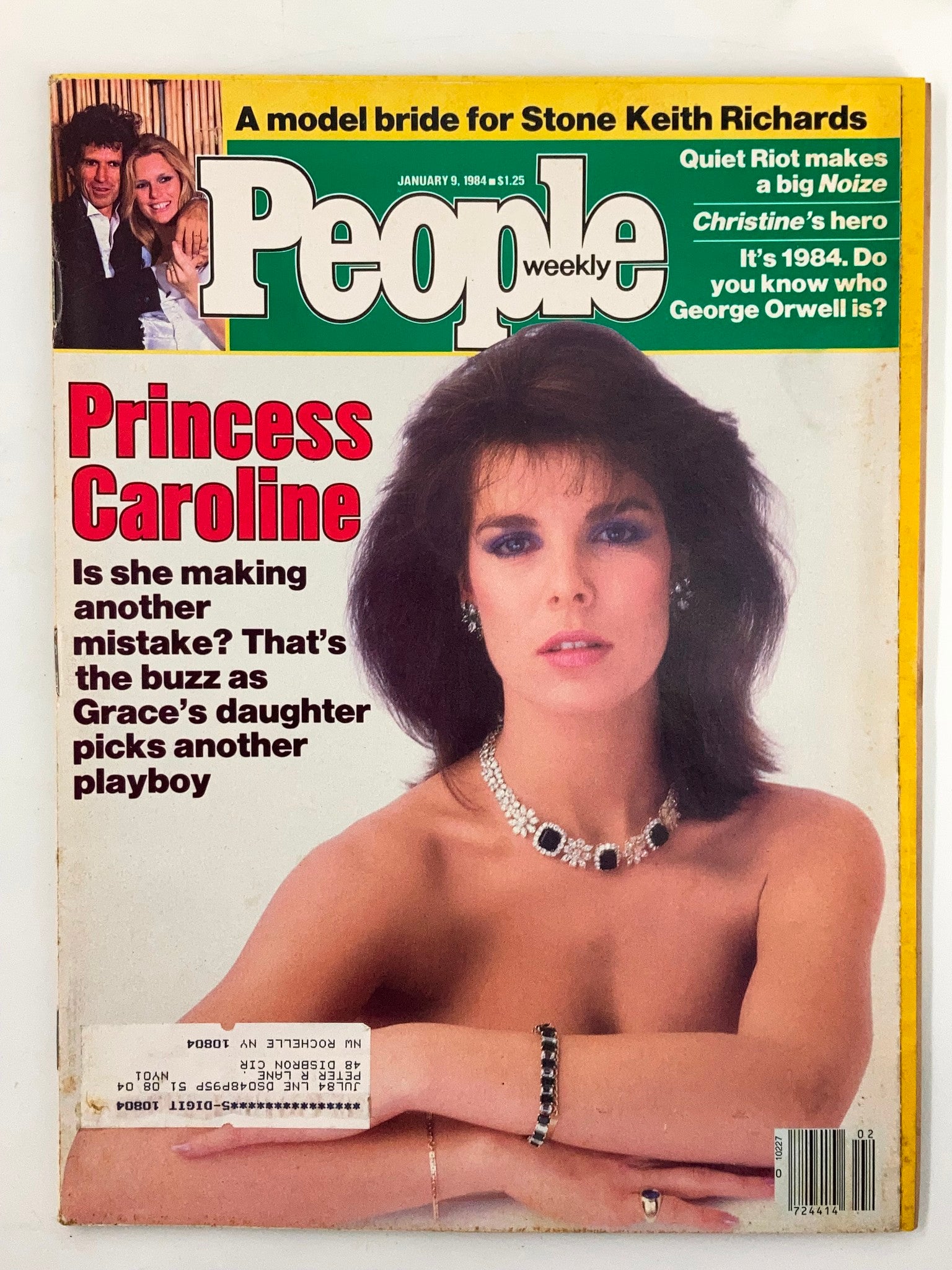 Cover of VTG People Weekly Magazine January 9, 1984 featuring Princess Caroline, with a striking headline discussing her romantic choices, alongside images of Keith Richards, reflecting 1980s celebrity culture.