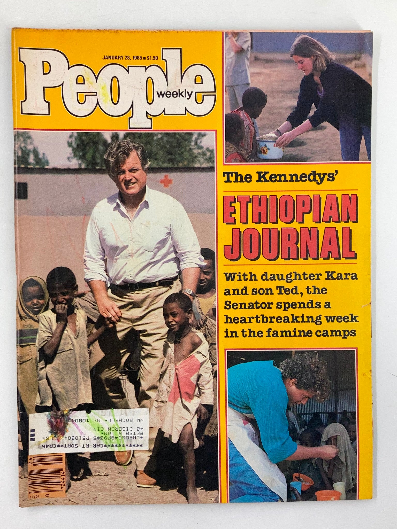 VTG People Weekly Magazine cover from January 28, 1985, featuring Ted Kennedy with his children Kara and Ted in Ethiopia, highlighting their visit to famine camps.