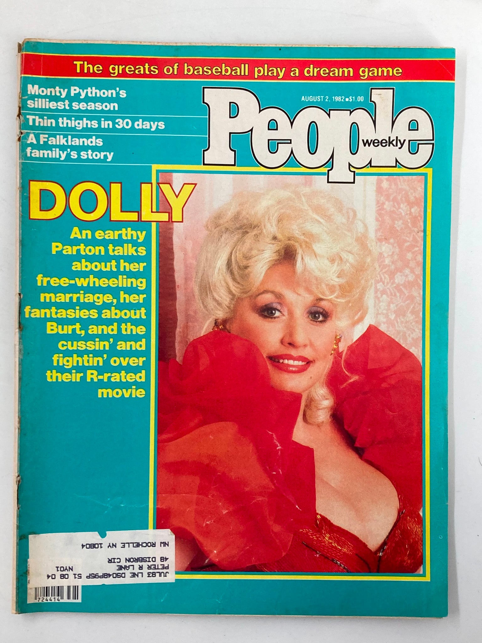 Front cover of VTG People Weekly Magazine August 2, 1982 featuring Dolly Parton in a vibrant red outfit, highlighting cover stories about Monty Python and various entertainment topics.