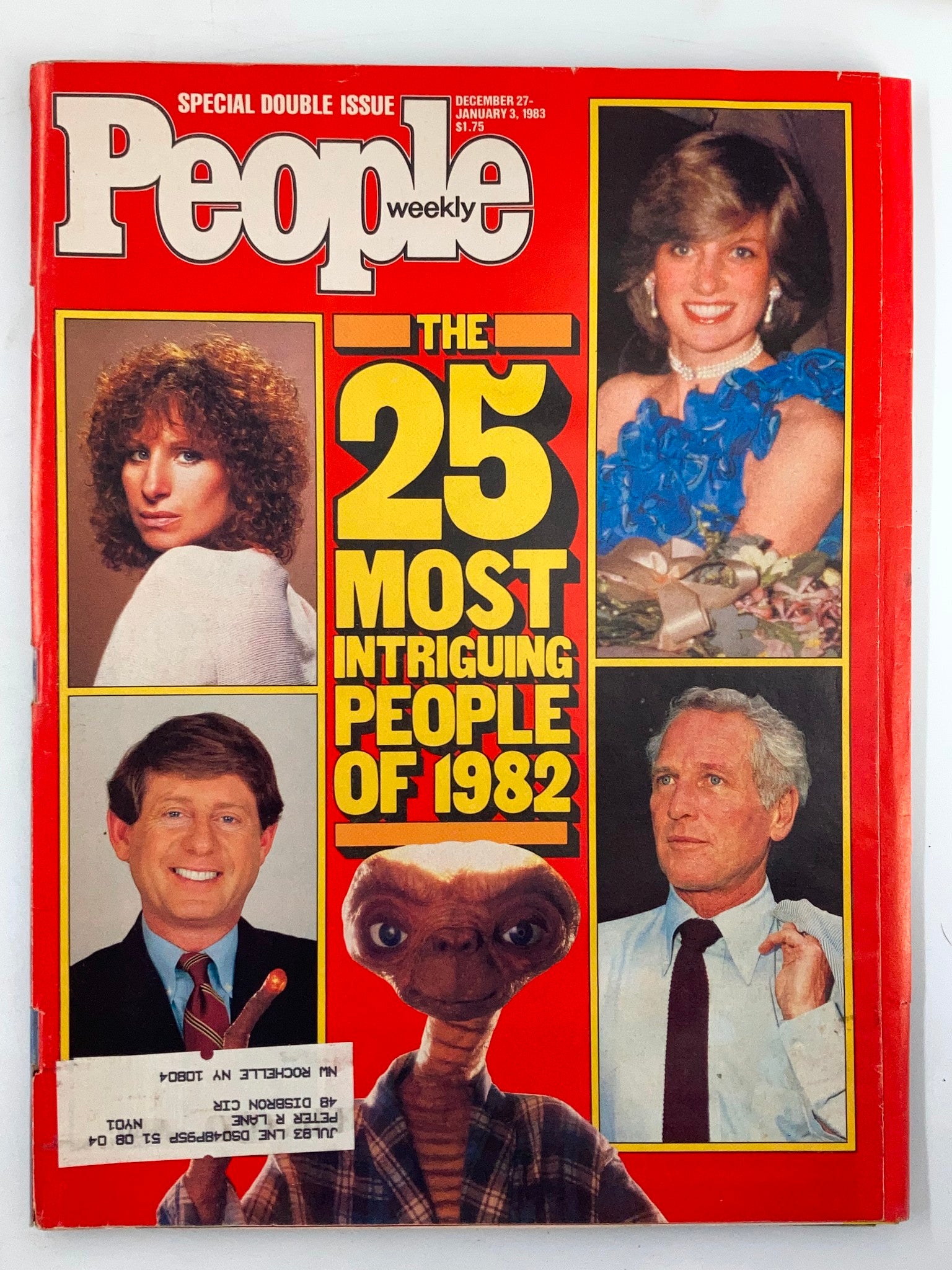 VTG People Weekly Magazine cover from December 27, 1982, featuring Barbra Streisand, Princess Diana, E.T. the extraterrestrial, and Paul Newman, highlighting the 25 most intriguing people of 1982.