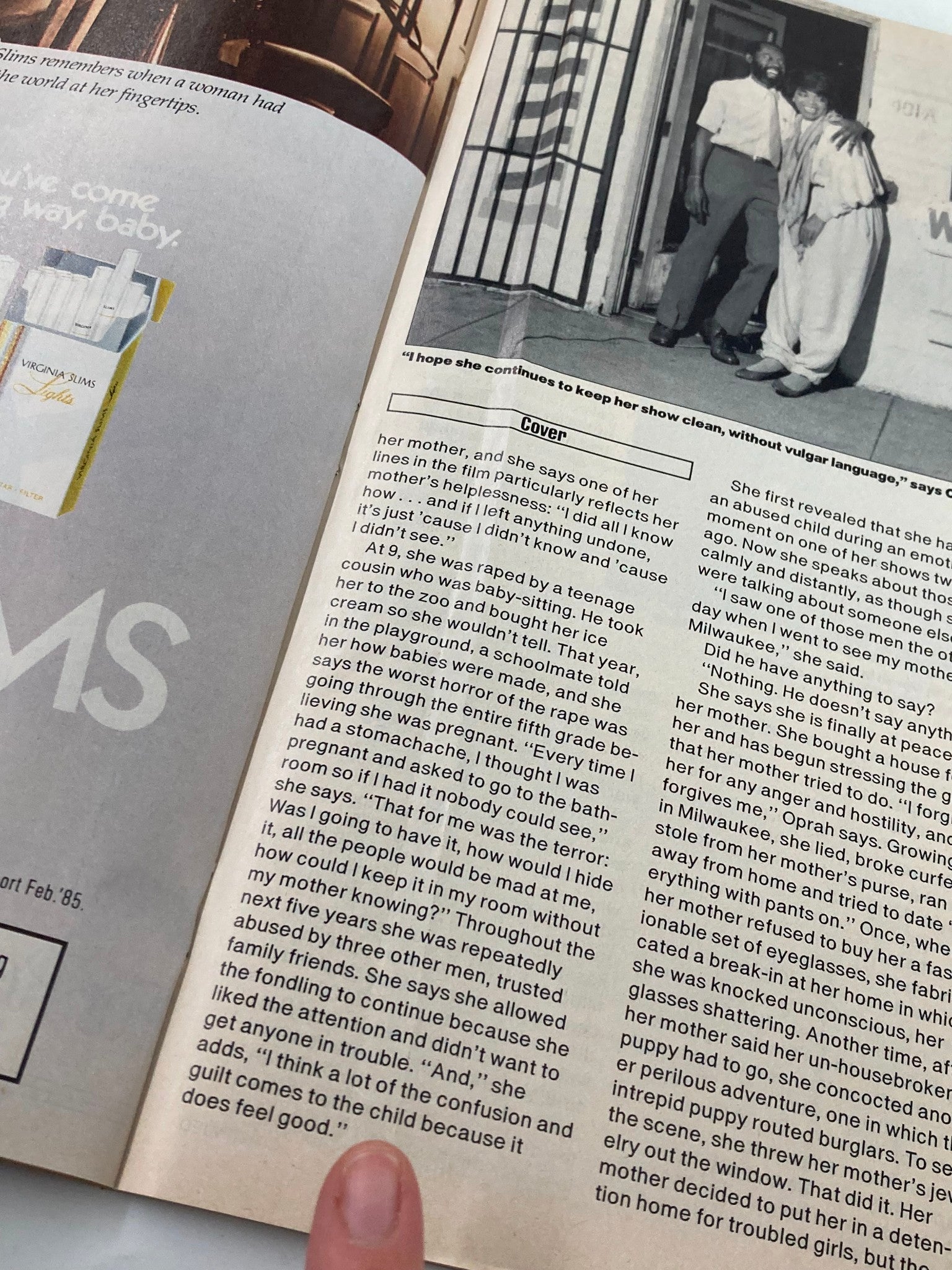 Page from the Vintage People Weekly Magazine January 12, 1987, featuring an article discussing personal experiences and reflections on motherhood, with finger pointing at highlighted text.
