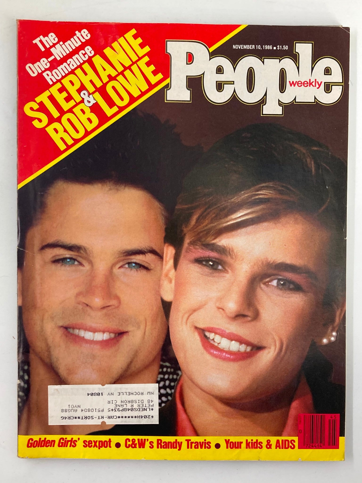 Cover of VTG People Weekly Magazine from November 10, 1986 featuring Rob Lowe and Princess Stephanie. The magazine highlights their one-minute romance with a red and yellow headline, showcasing vibrant photography and nostalgic 80s pop culture.