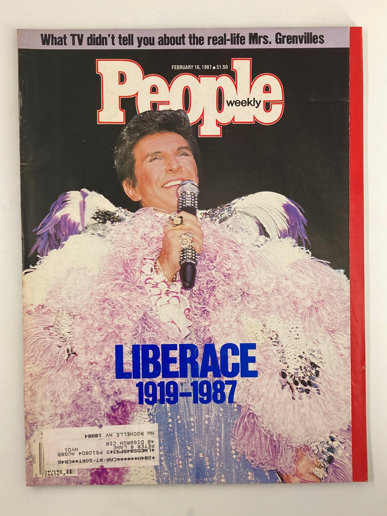People Weekly Magazine Cover featuring Liberace, dated February 16, 1987, showcasing the famed pianist in a flamboyant outfit with the caption 'Liberace 1919-1987'.