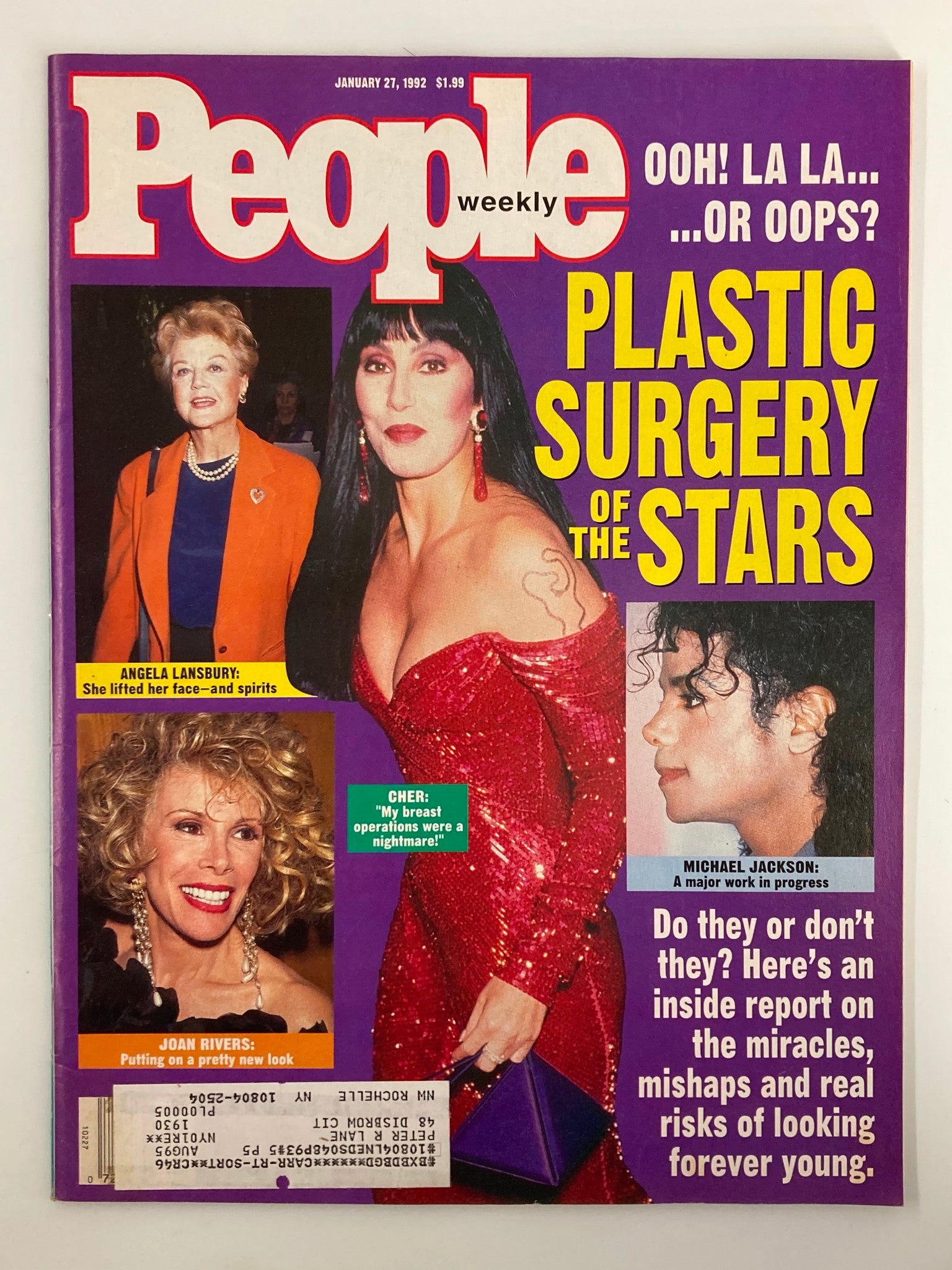 Cover of People Weekly Magazine dated January 27, 1992, featuring Cher in a sparkly red dress, Angela Lansbury in an orange blazer, and Michael Jackson. The headline discusses plastic surgery of the stars, with captions about each celebrity's experience.