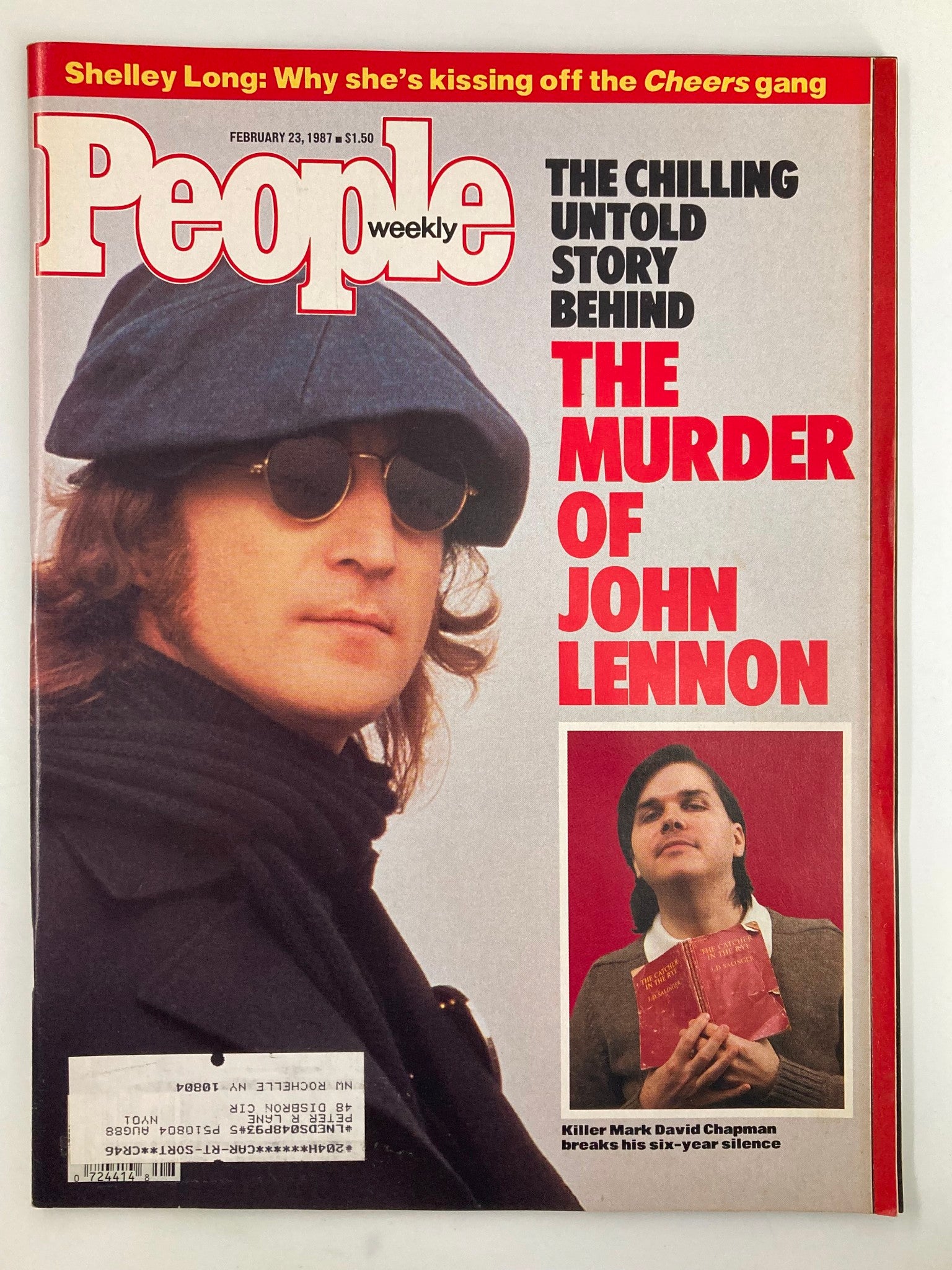 Cover of the February 23, 1987 issue of People Weekly magazine featuring John Lennon and Mark Chapman. The headline reads: 'The Chilling Untold Story Behind The Murder of John Lennon'. This collectible vintage magazine explores the life and death of John Lennon and includes insights about his murderer, Mark Chapman.