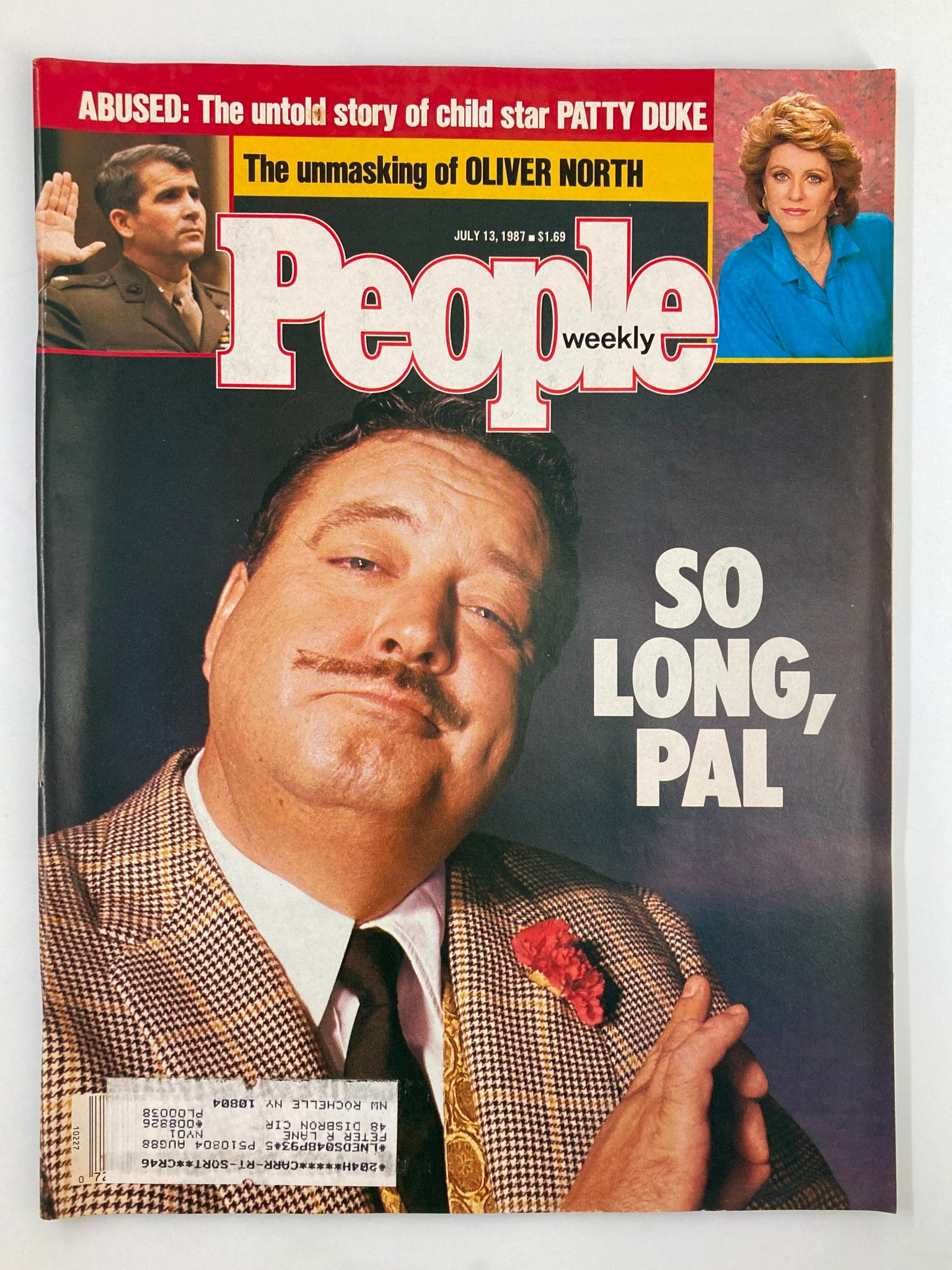 Vintage People Weekly Magazine cover from July 13, 1987 featuring Jackie Gleason with the headline 'SO LONG, PAL.' Also includes mentions of Patty Duke and Oliver North, showcasing significant figures from entertainment history.