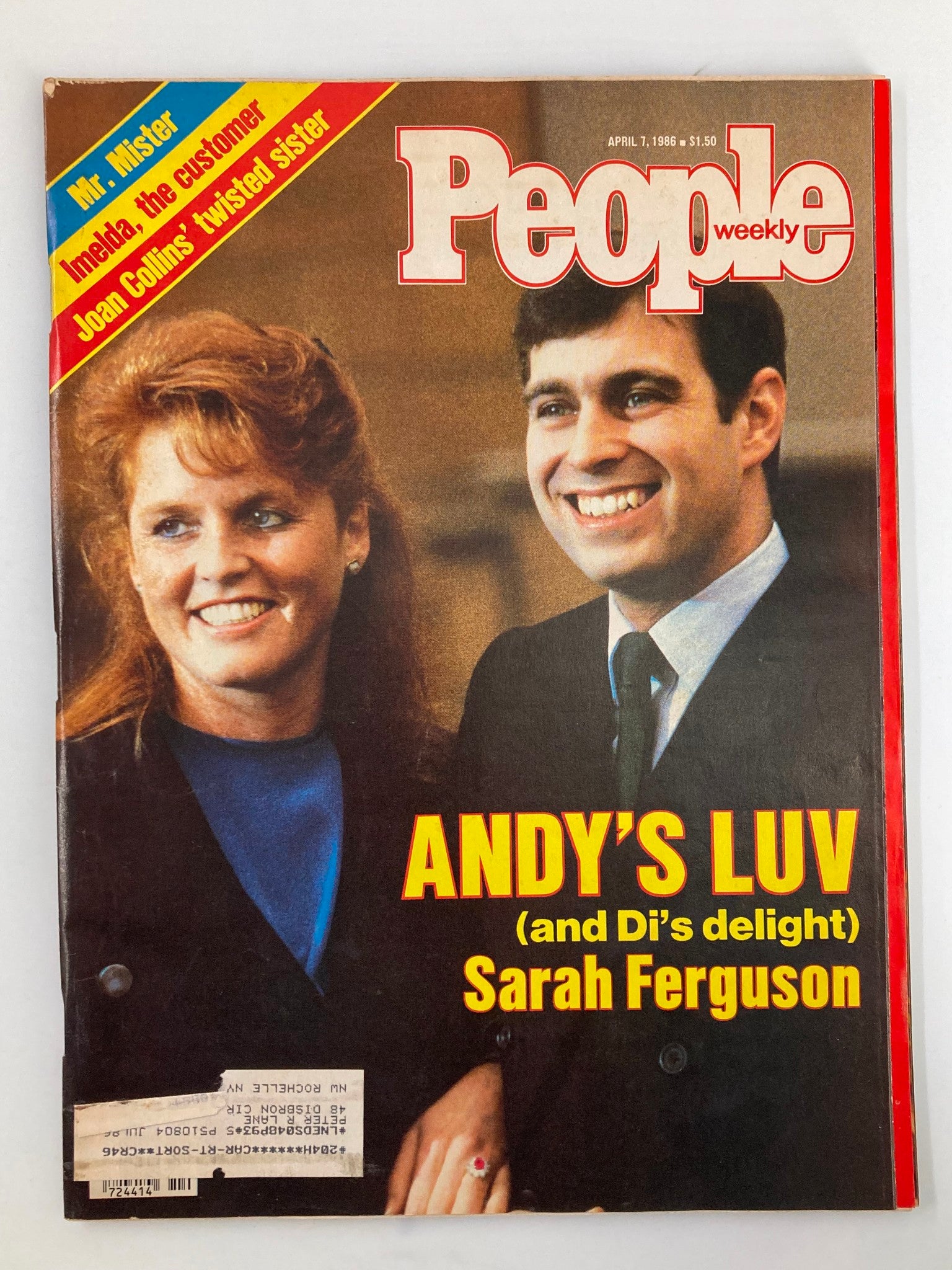People Weekly Magazine Cover from April 7, 1986, featuring Prince Andrew and Sarah Ferguson, showcasing the headline 'ANDY'S LUV (and Di's delight)'. A vintage collectible highlighting royal romance and 1980s fashion trends.