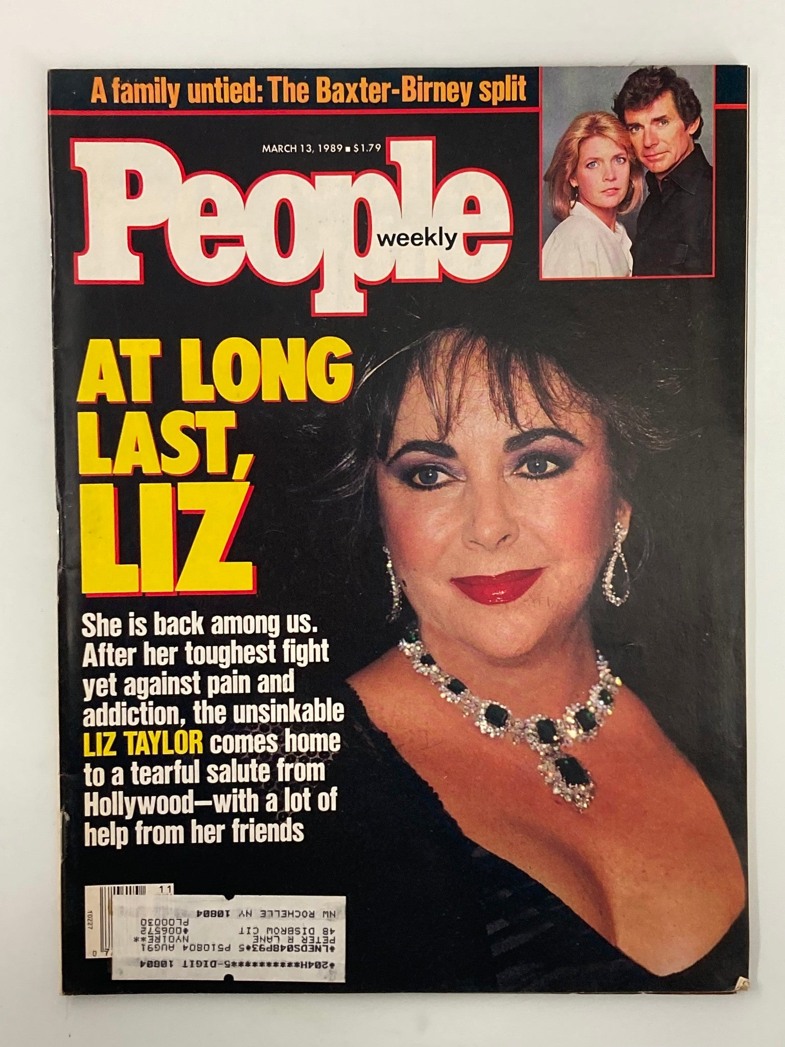 Cover of People Weekly Magazine, March 13, 1989, featuring Liz Taylor with bold headlines about her return to Hollywood and the Baxter-Birney split. The cover highlights Liz's powerful presence with a stunning necklace, capturing the essence of celebrity culture in the late 1980s.
