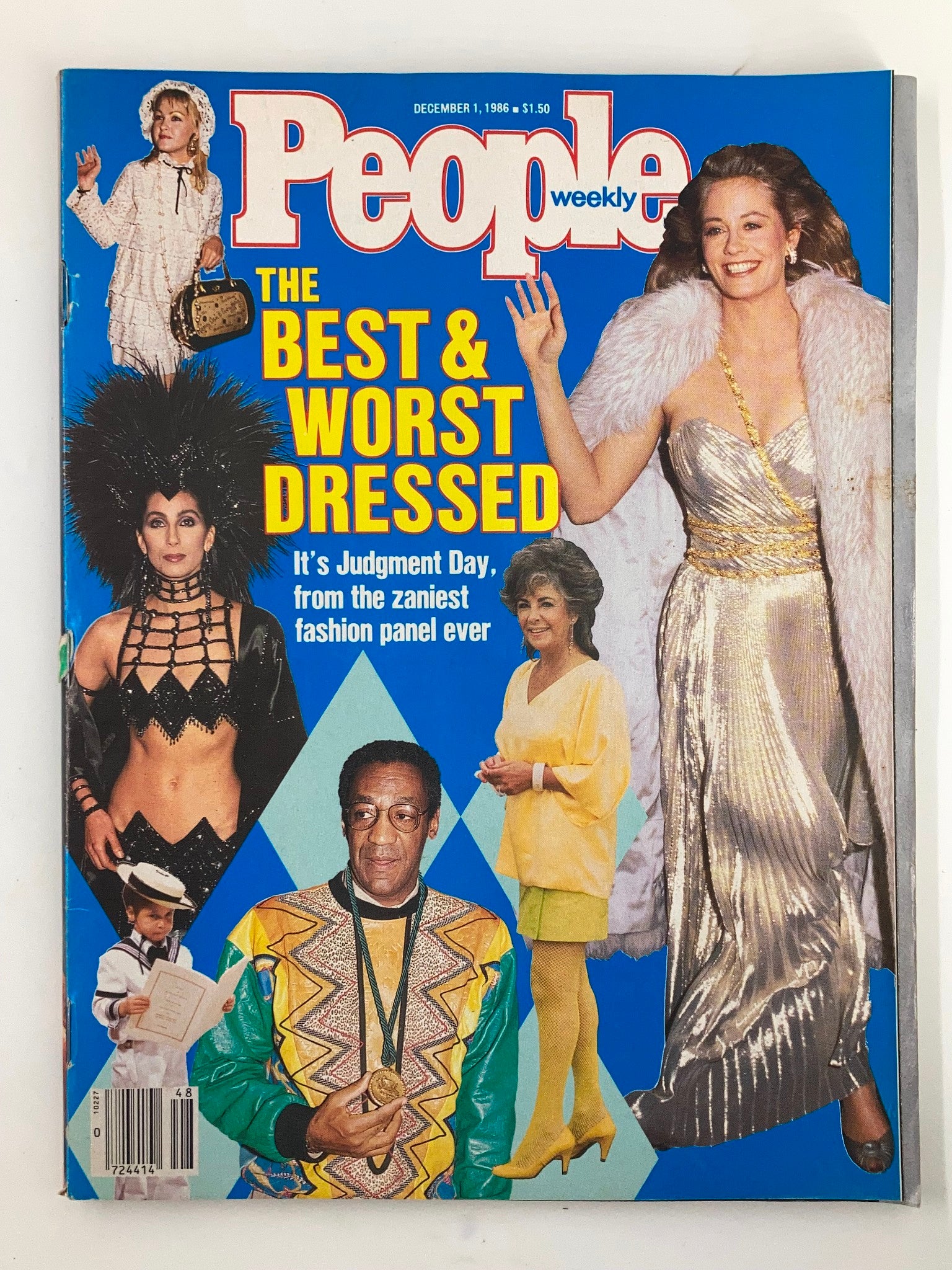 Cover of VTG People Weekly Magazine from December 1, 1986, featuring iconic stars including Cher, Elizabeth Taylor, and others, highlighting 'The Best & Worst Dressed' segment.