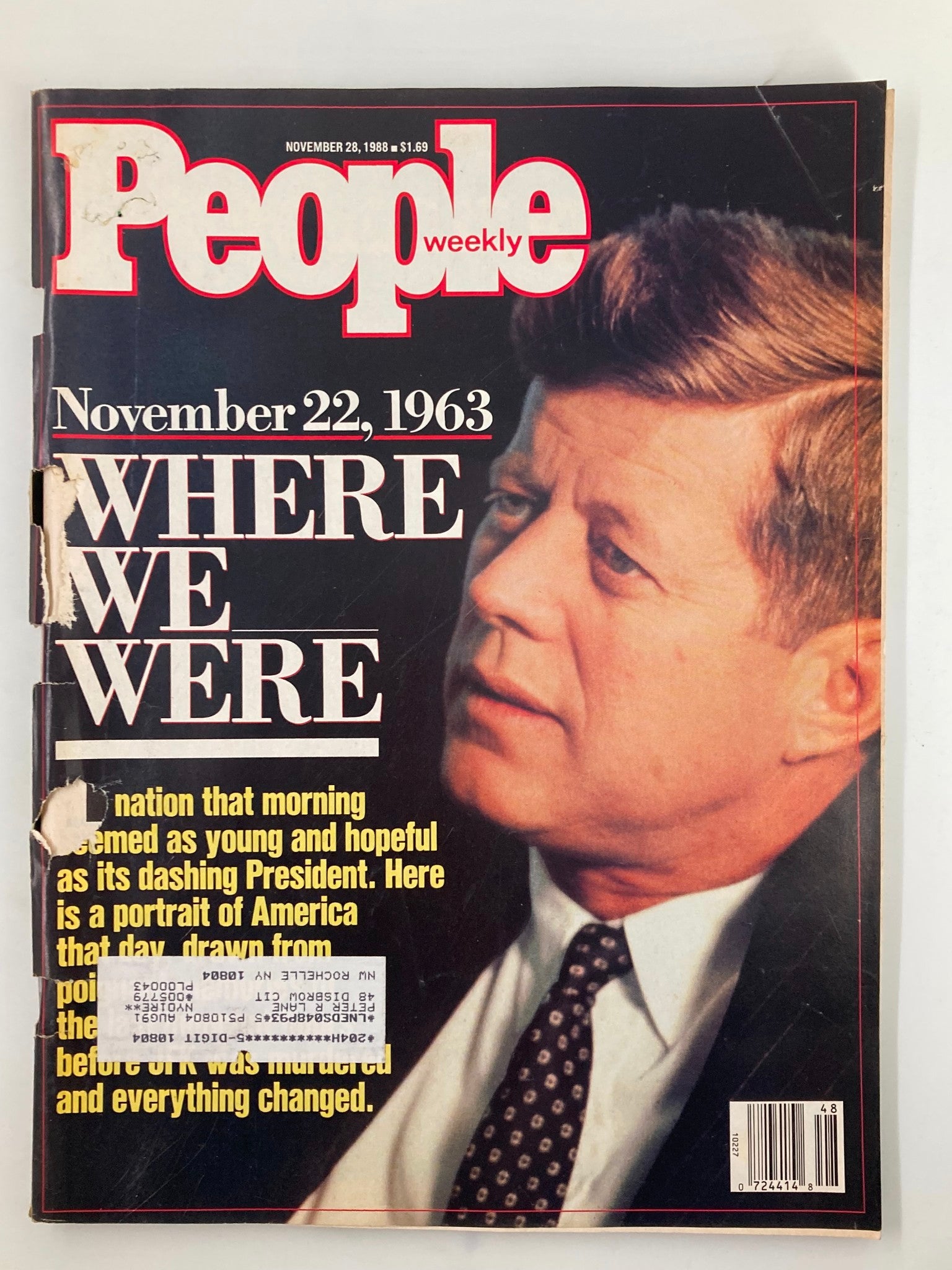 Vintage People Weekly Magazine from November 28, 1988, featuring President John F. Kennedy on the cover. The cover includes the headline 'WHERE WE WERE' reflecting on JFK's legacy, showcasing a historical snapshot of American culture and politics.