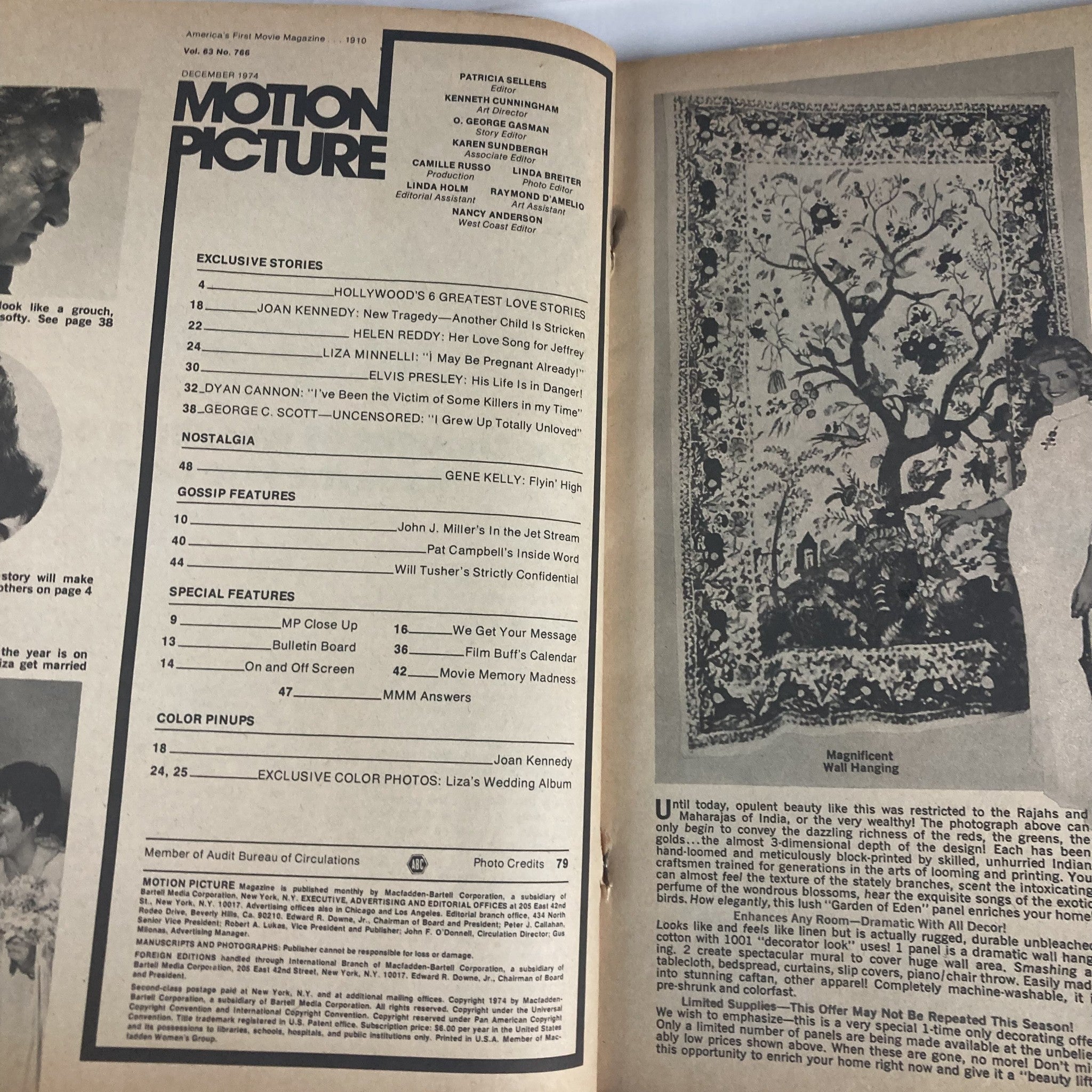 Inside page of VTG Motion Picture Magazine December 1974 Volume 63 Number 766 featuring contents and features including articles, color pinups, and exclusive stories related to Ava Gardner.