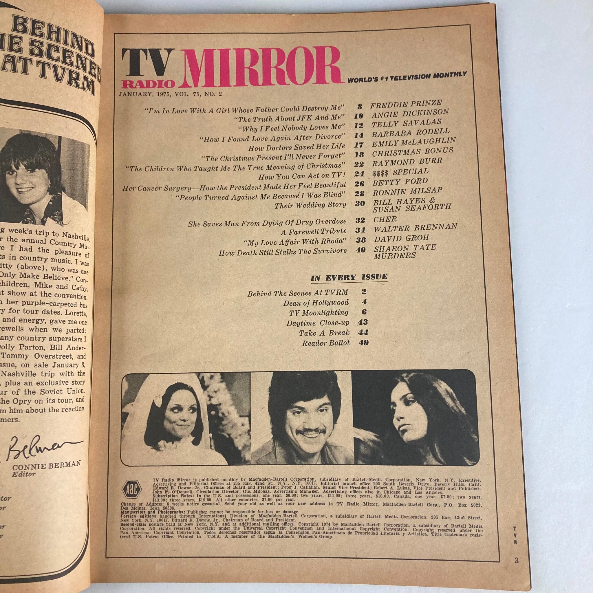 Inside page of VTG TV Radio Mirror Magazine January 1975 Vol 75 No. 2 showcasing the table of contents with features on Freddie Prinze and pop culture articles from the 1970s.