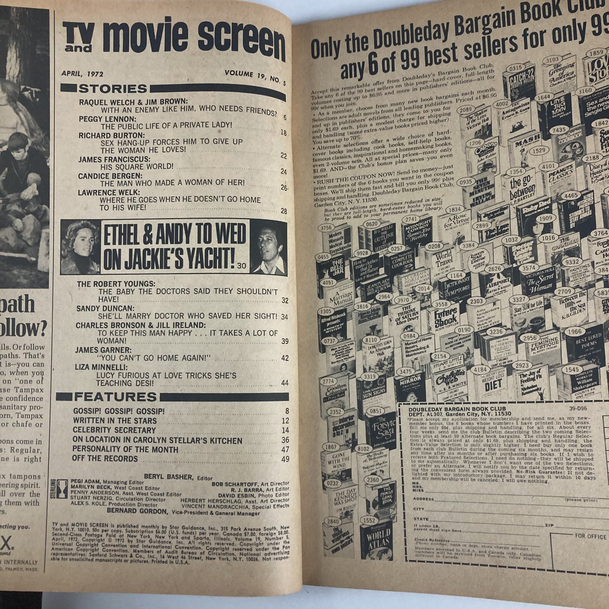 Inside pages of VTG TV and Movie Screen Magazine April 1972 showcasing contents and stories including Ethel and Andy's feature.