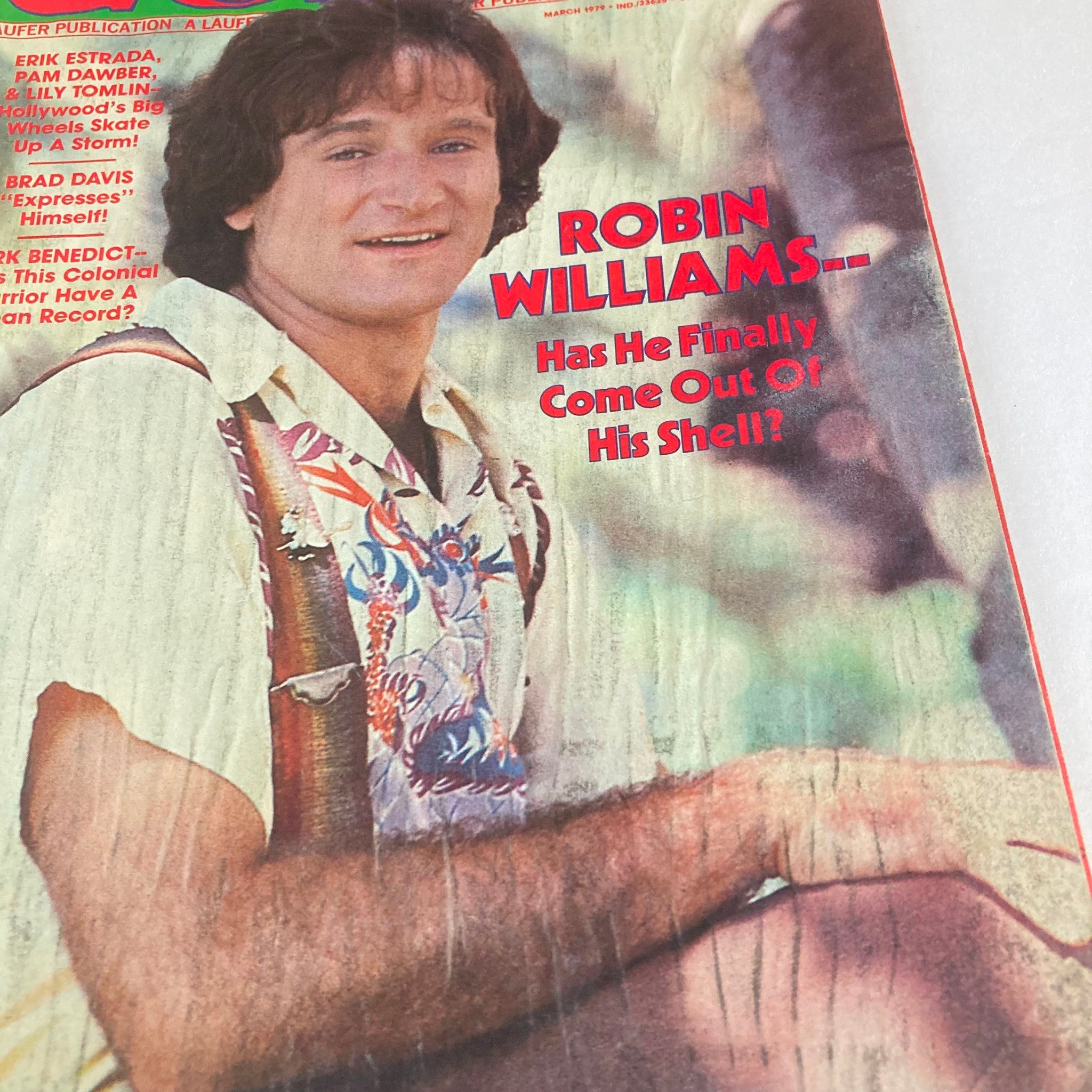 Close-up view of the cover of VTG Rona Barrett's Gossip Magazine March 1979 with Robin Williams smiling and the caption 'Has He Finally Come Out Of His Shell?' highlighting its historical significance.