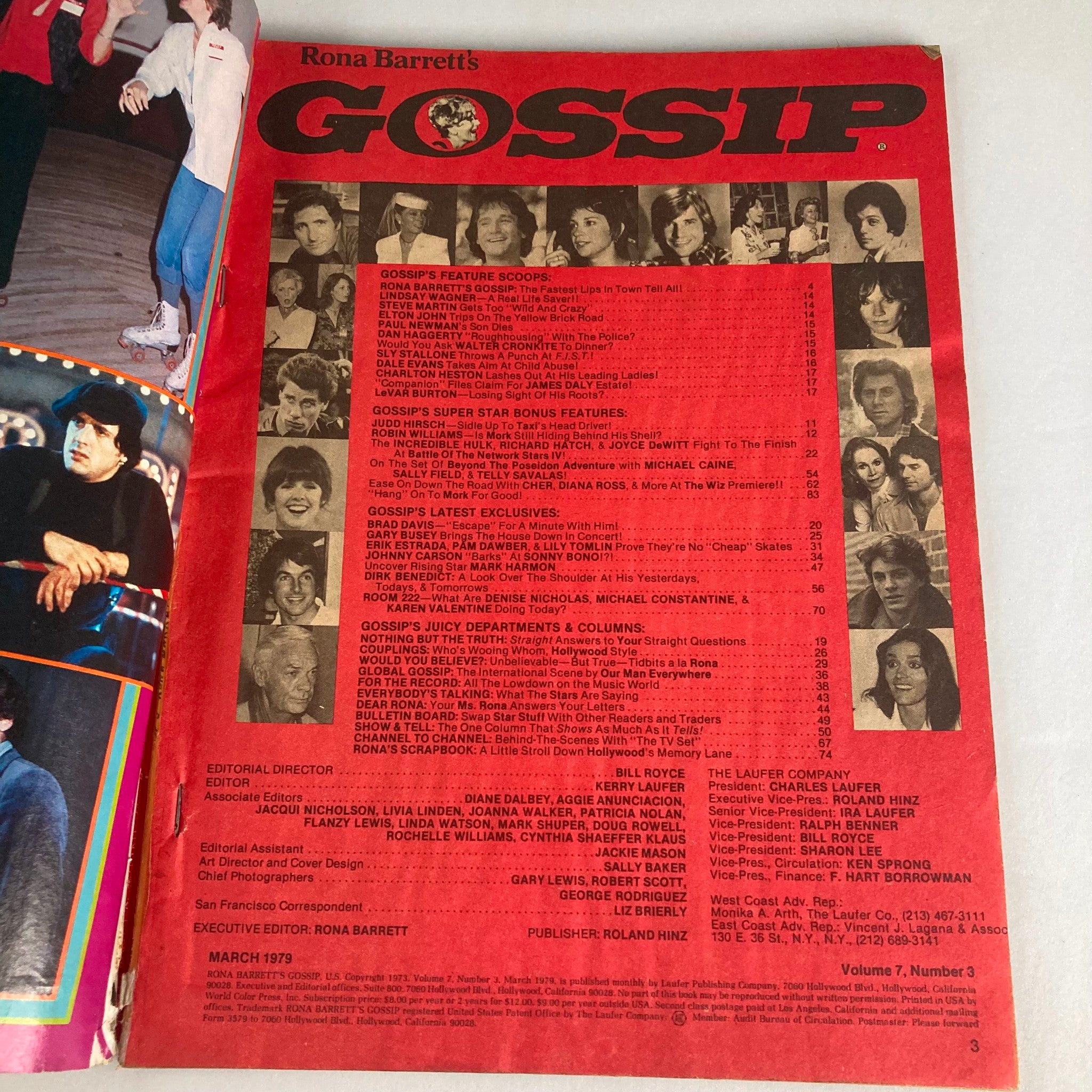 Back cover of VTG Rona Barrett's Gossip Magazine March 1979 displaying magazine credits and feature articles, emphasizing its role in 1970s entertainment history.