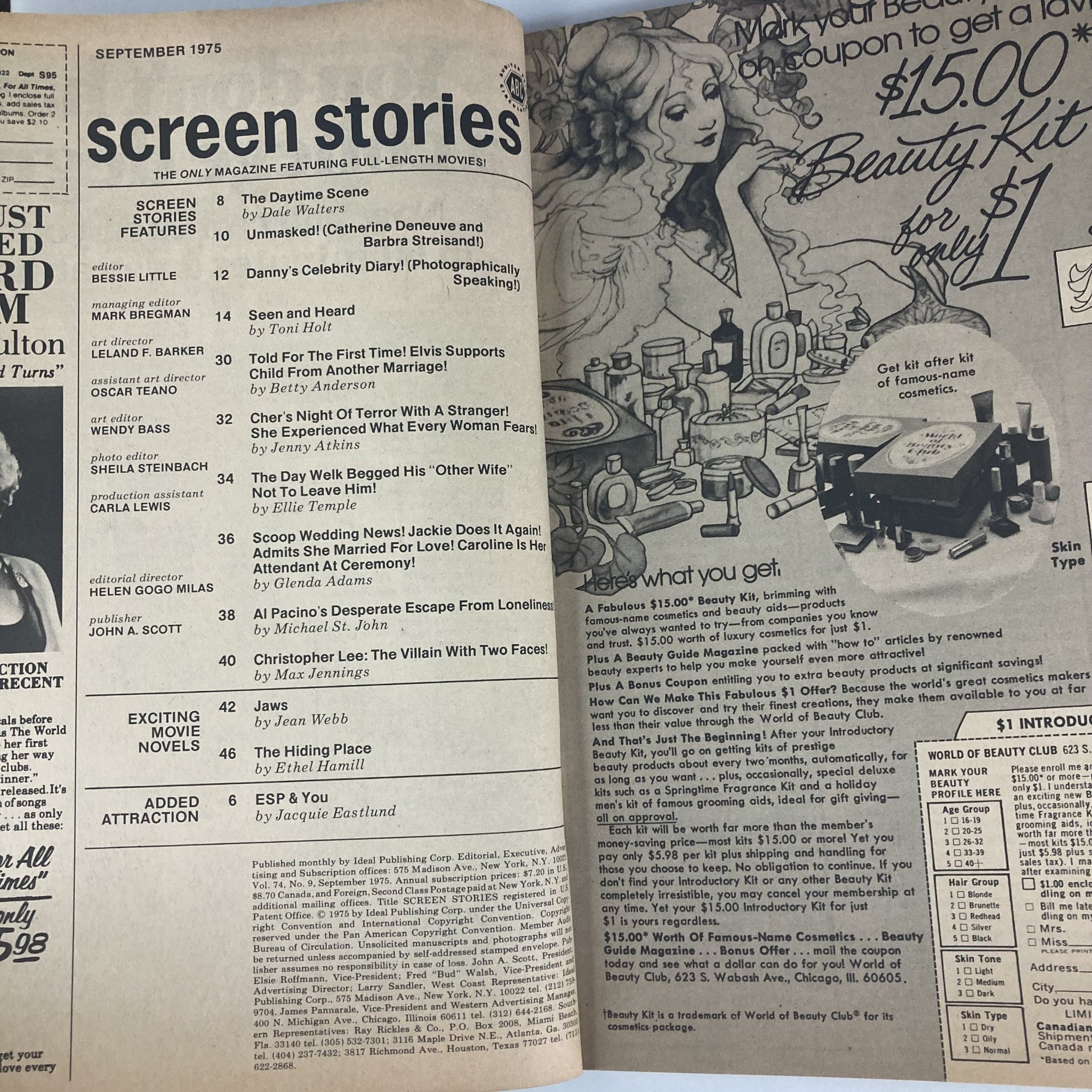 Inside page of VTG Screen Stories Magazine September 1975 displaying contents, articles, and advertisements, showcasing its vintage appeal.