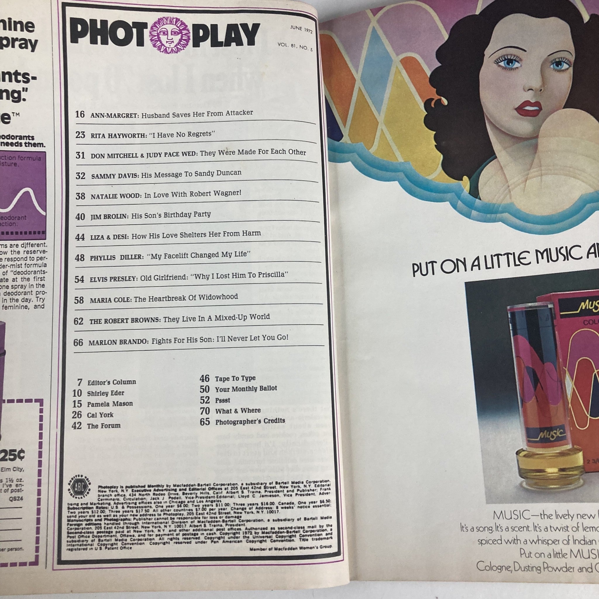 Interior page of VTG Photoplay Magazine June 1972 Vol 81 No. 5 showcasing the table of contents, listing articles about celebrity topics such as Ann-Margret, Sammy Davis, Jr., and more.