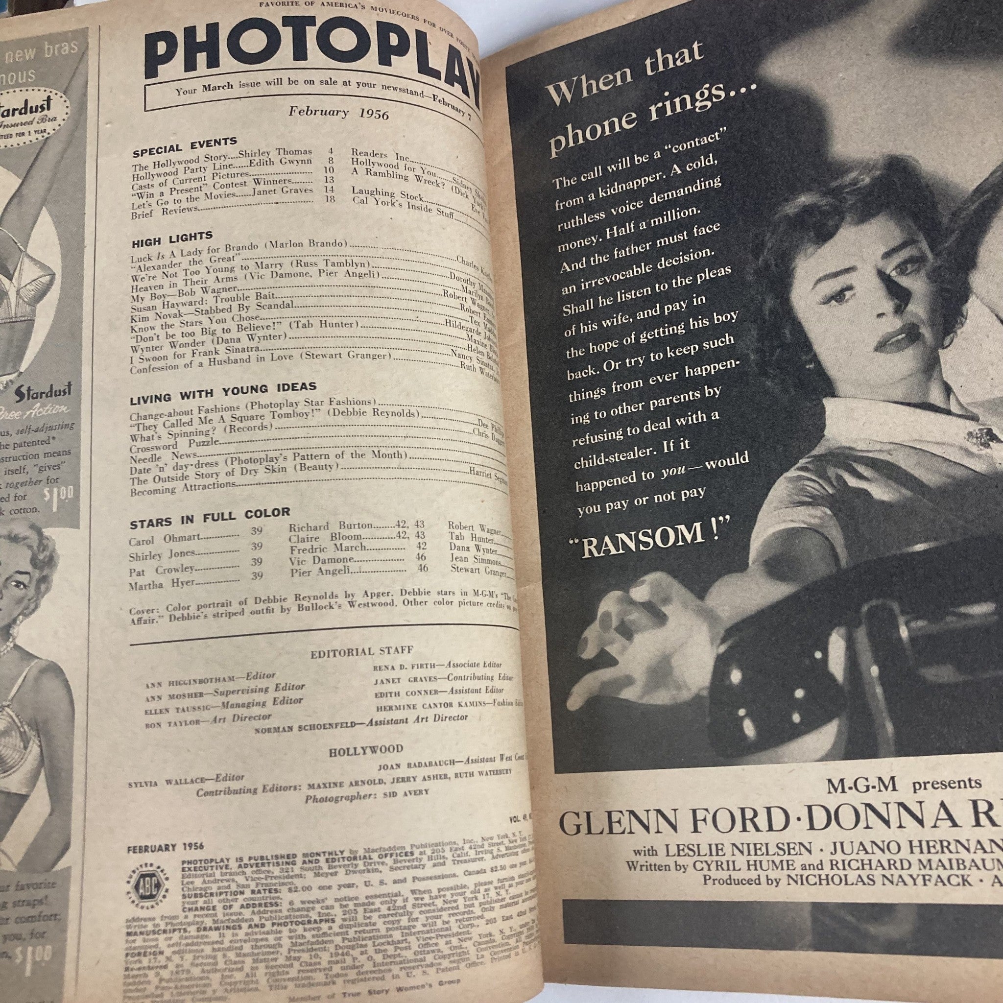 Inside page of VTG Photoplay Magazine February 1956, displaying articles and star highlights, including content related to Debbie Reynolds.