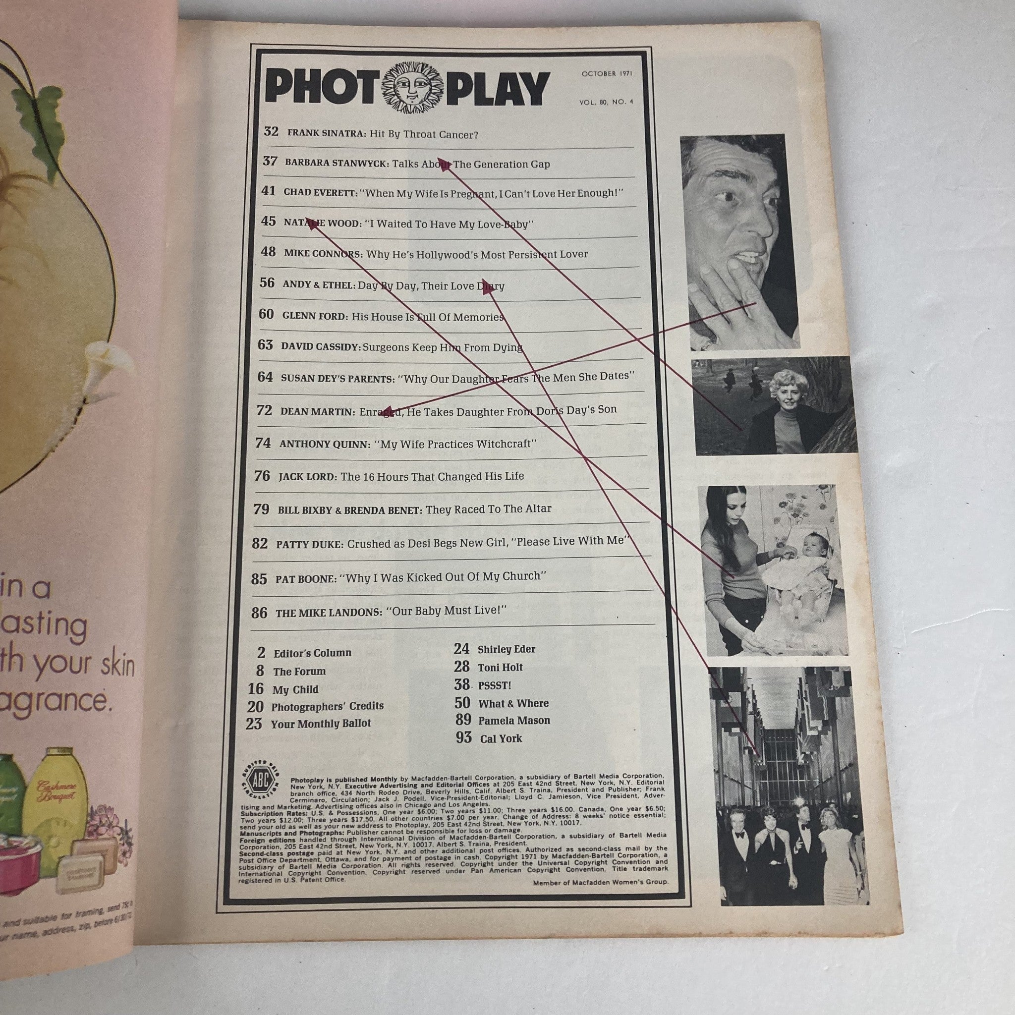 Inside page of VTG Photoplay Magazine October 1971, Vol 80 No. 4 listing contents including articles on Frank Sinatra and other Hollywood topics.