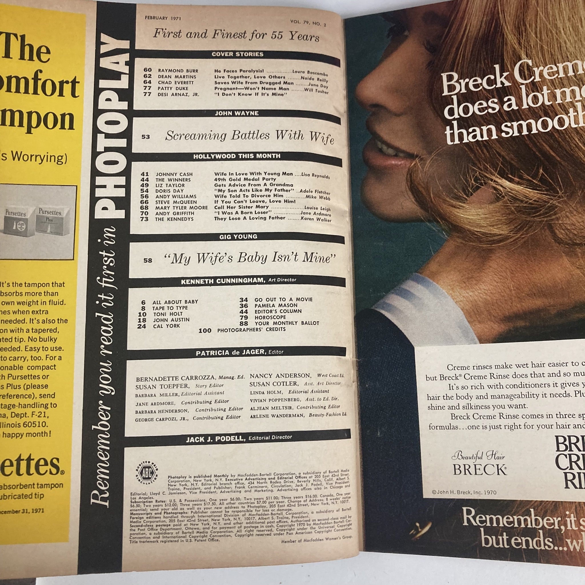 Interior page of VTG Photoplay Magazine February 1971 Vol 79 No. 2 featuring a table of contents and movie listings along with advertisements.