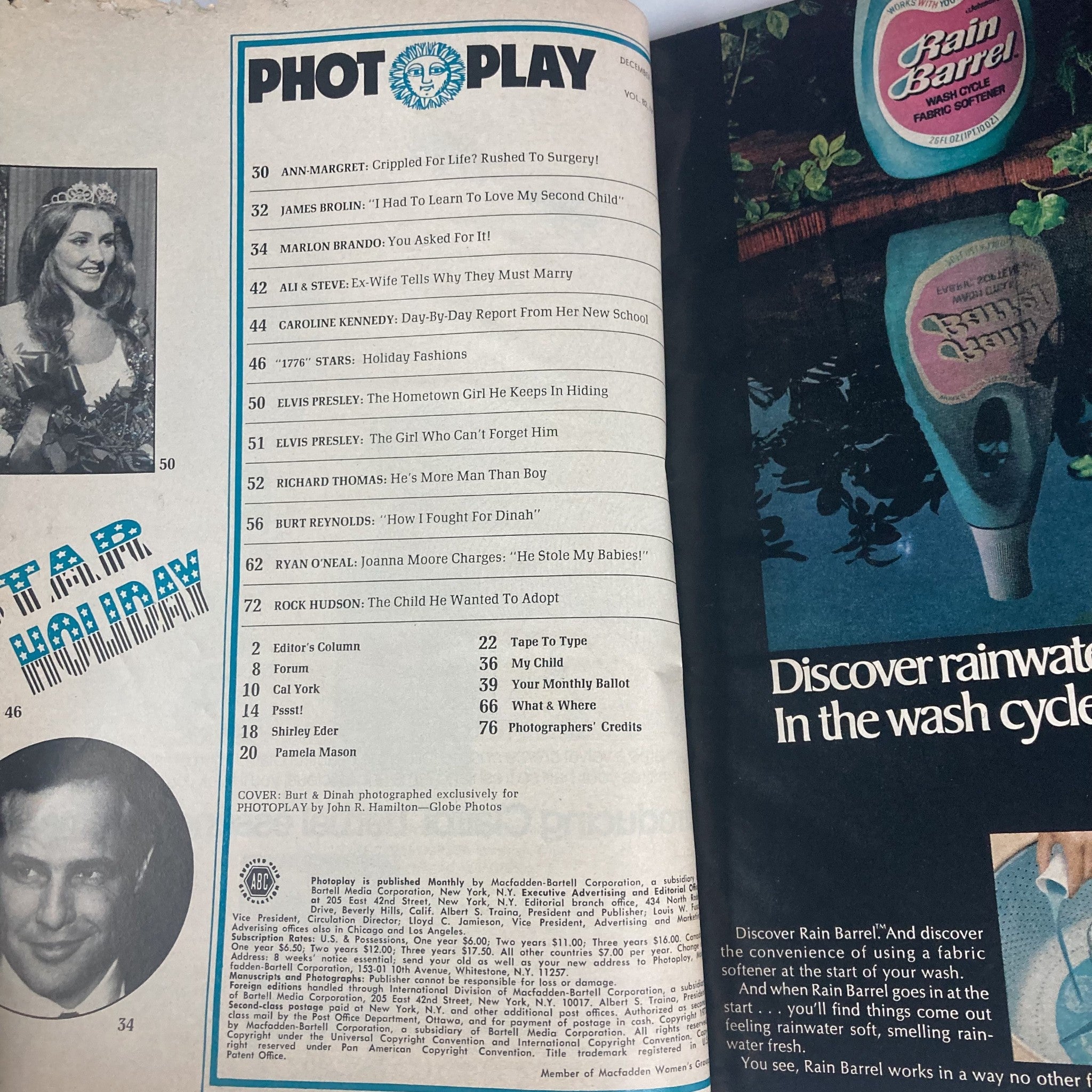 Inside page of VTG Photoplay Magazine December 1972. This page includes the table of contents listing iconic features and articles, showcasing Hollywood stars like Burt Reynolds and Elvis Presley.