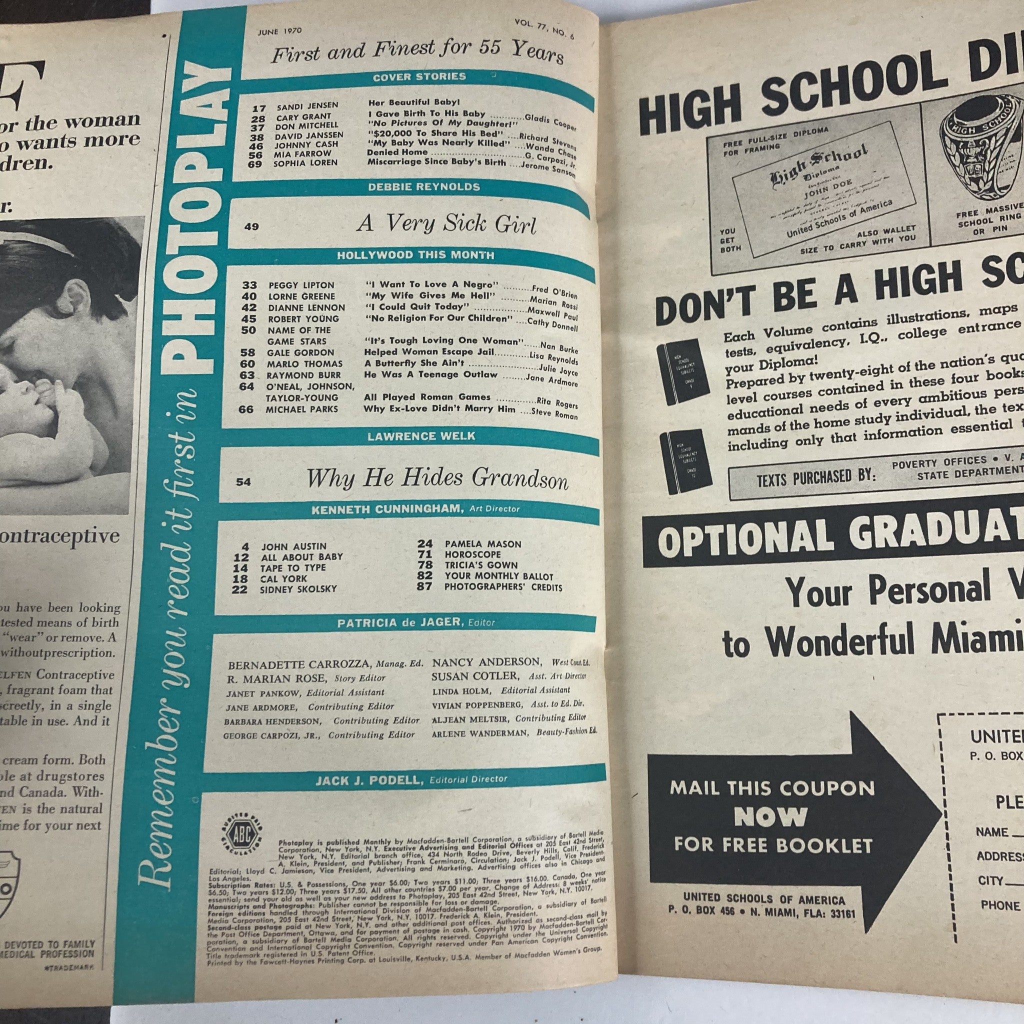 Interior page of VTG Photoplay Magazine June 1970 Vol 77 No. 6 showcasing the contents section, highlighting various articles and features in the issue.