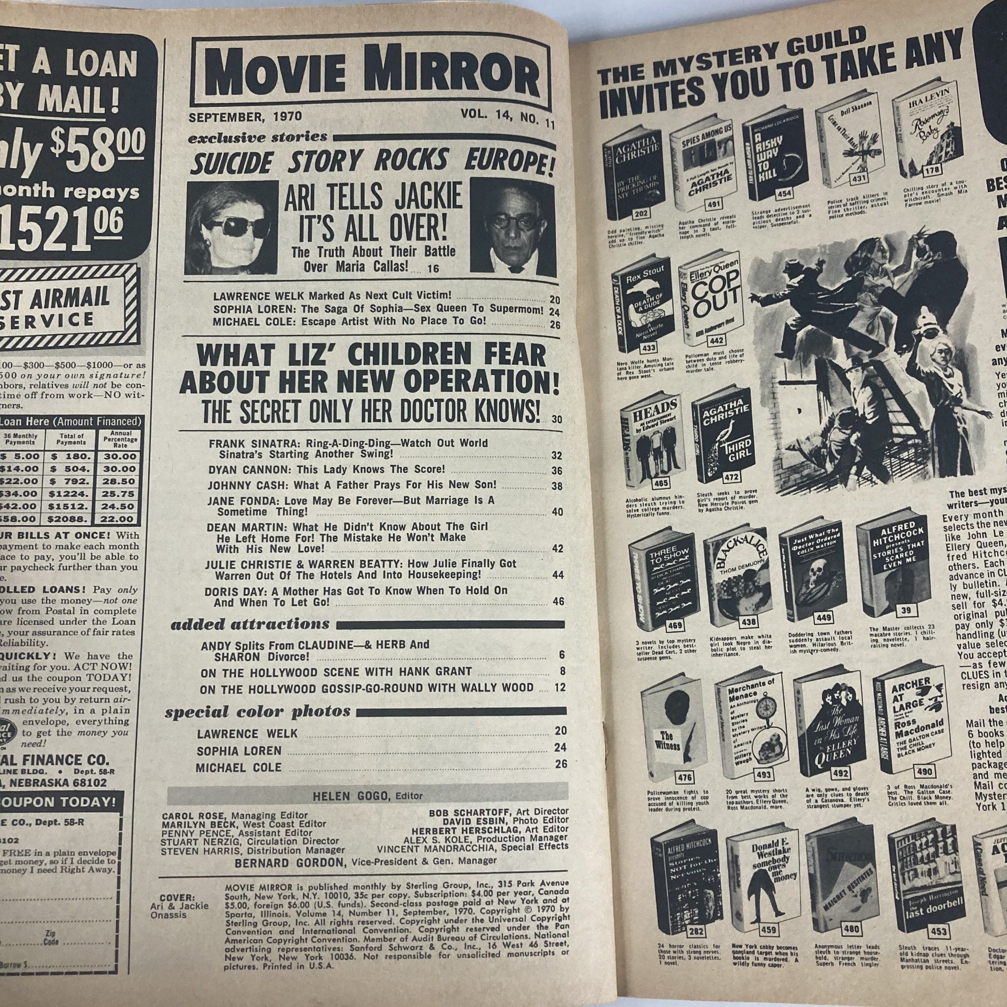 Inside pages of VTG Movie Mirror Magazine September 1970 showcasing articles and advertisements, including exclusive stories and celebrity features.