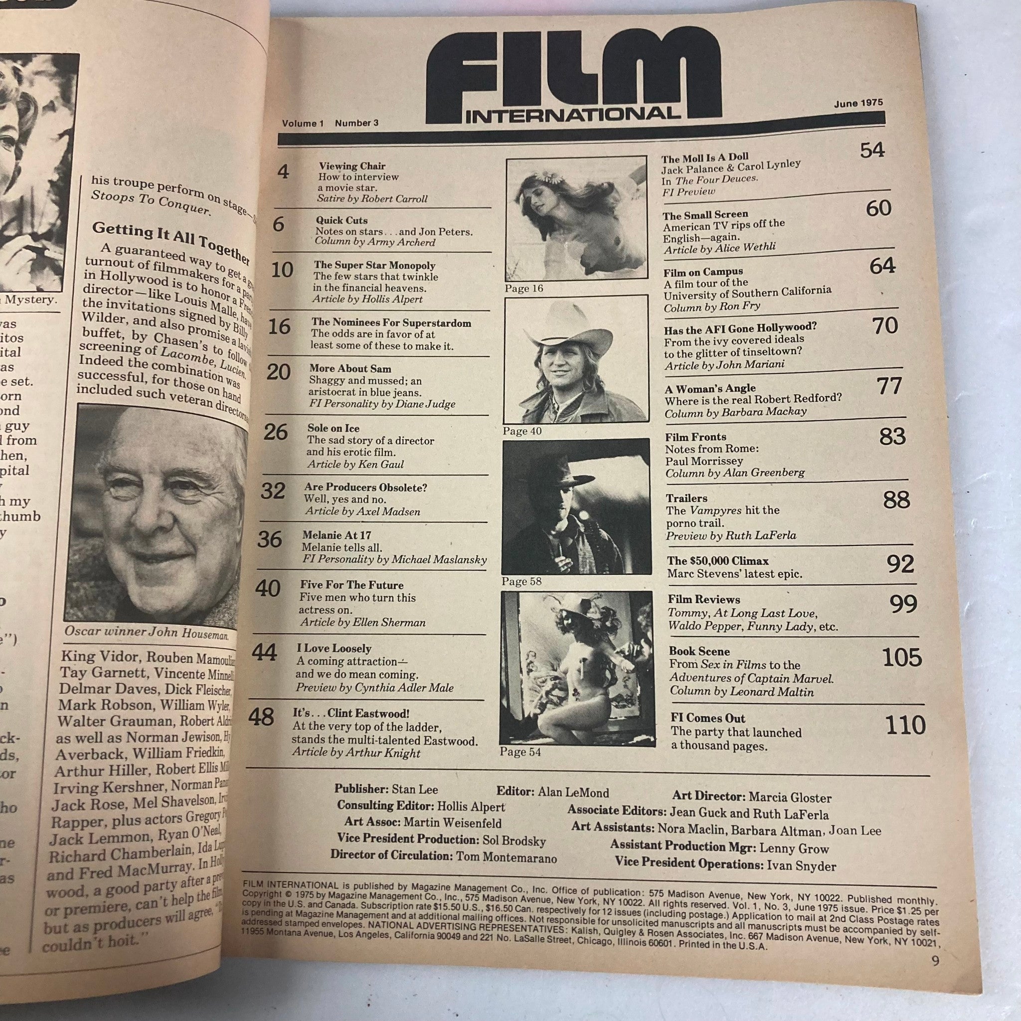 Interior page of VTG Film International Magazine June 1975 Vol 1 No. 3, listing articles and features, including topics on film personalities and industry insights from that era.