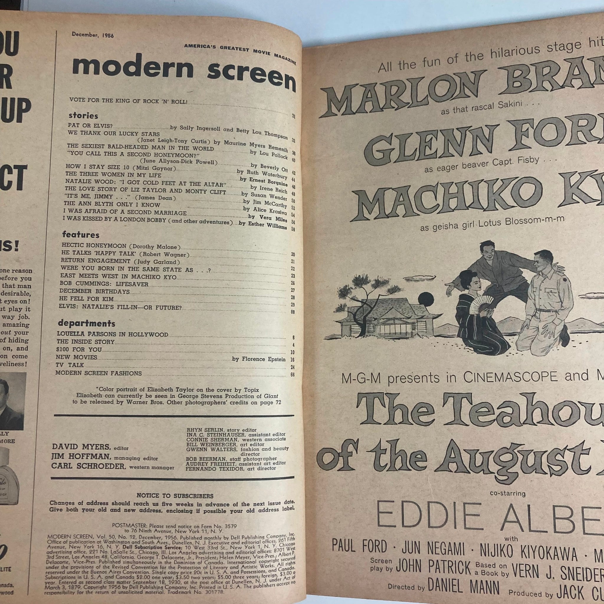 Inside page of VTG Modern Screen Magazine December 1956, highlighting feature articles and stories, including the love story of Liz Taylor and Monty Clift.