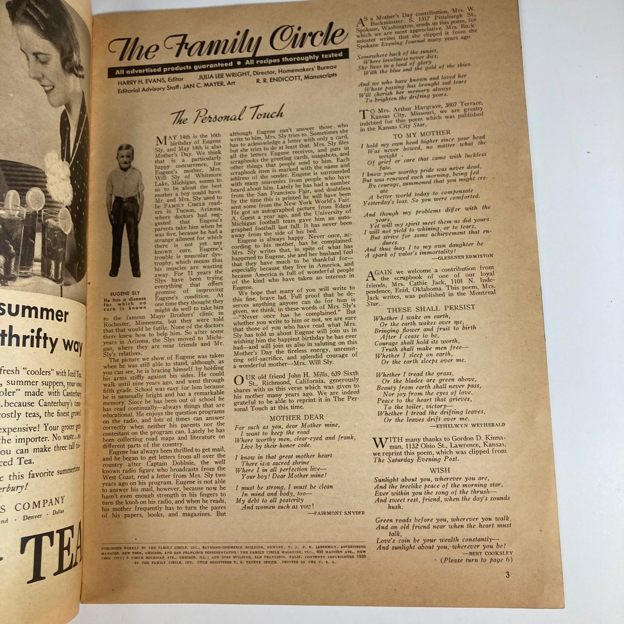 Interior page from VTG The Family Circle Magazine May 12 1939 featuring articles and personal letters, highlighting the magazine's vintage appeal.