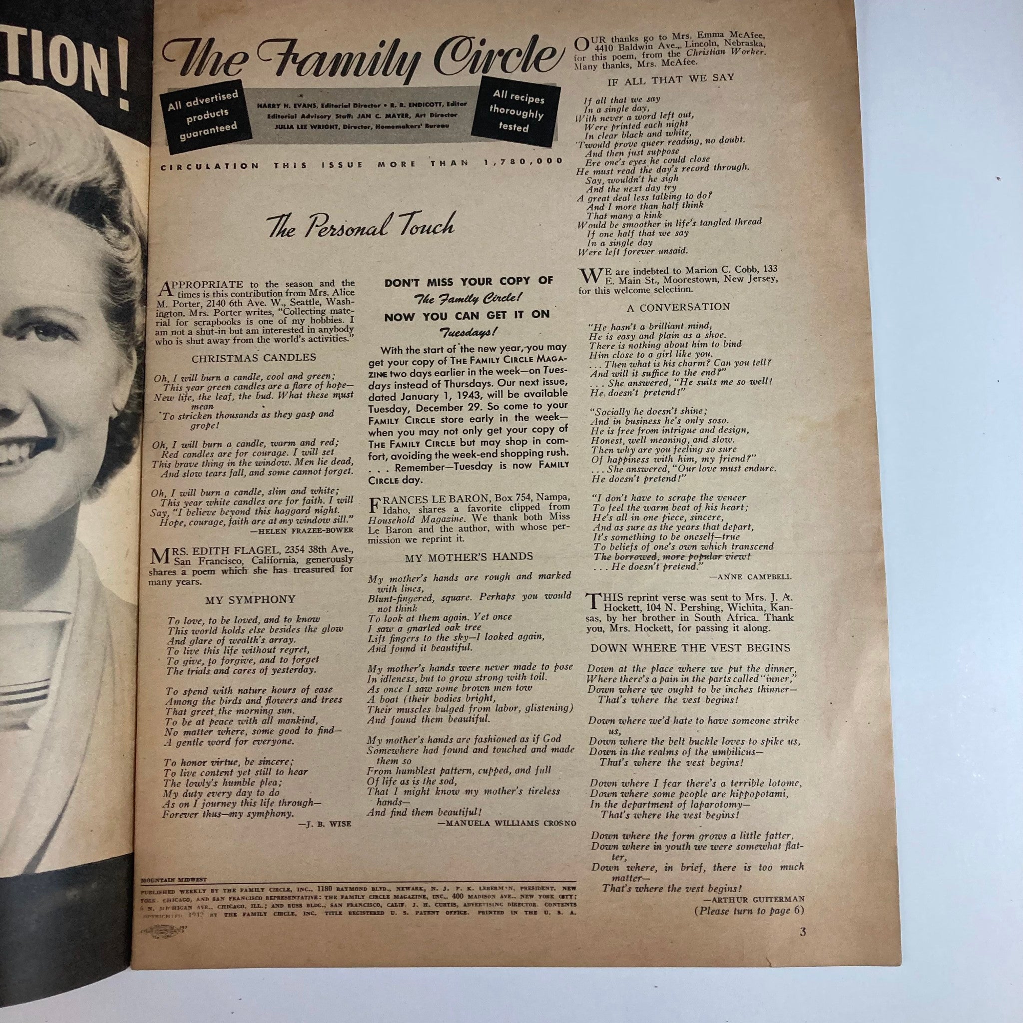 Interior page of The Family Circle Magazine December 18, 1942 showcasing articles and recipes, with vintage design elements.