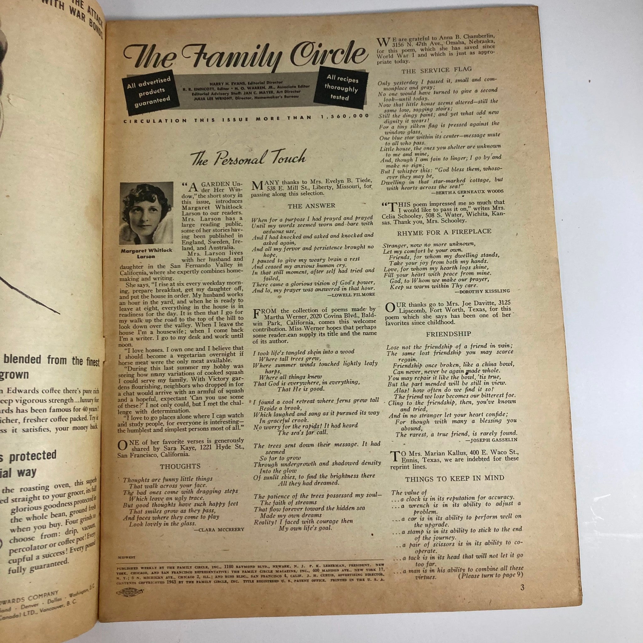 Interior page of The Family Circle Magazine from November 26, 1943, featuring articles and illustrations reflecting family life in the 1940s.