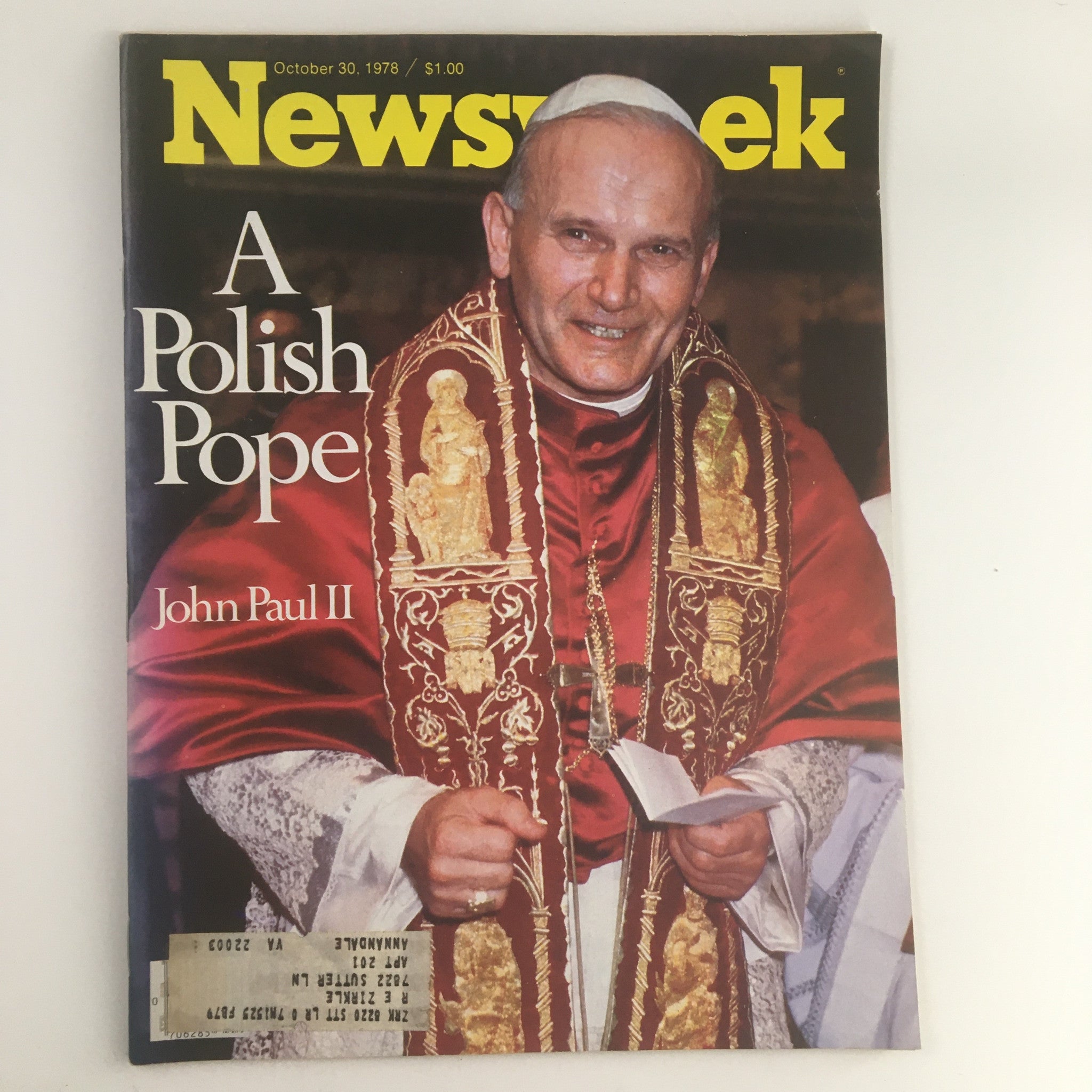 Cover of Newsweek Magazine from October 30, 1978, titled 'A Polish Pope: John Paul II.' The image features Pope John Paul II wearing a red robe with gold embellishments, smiling and holding a piece of paper, highlighting a significant historical event in the Catholic Church.