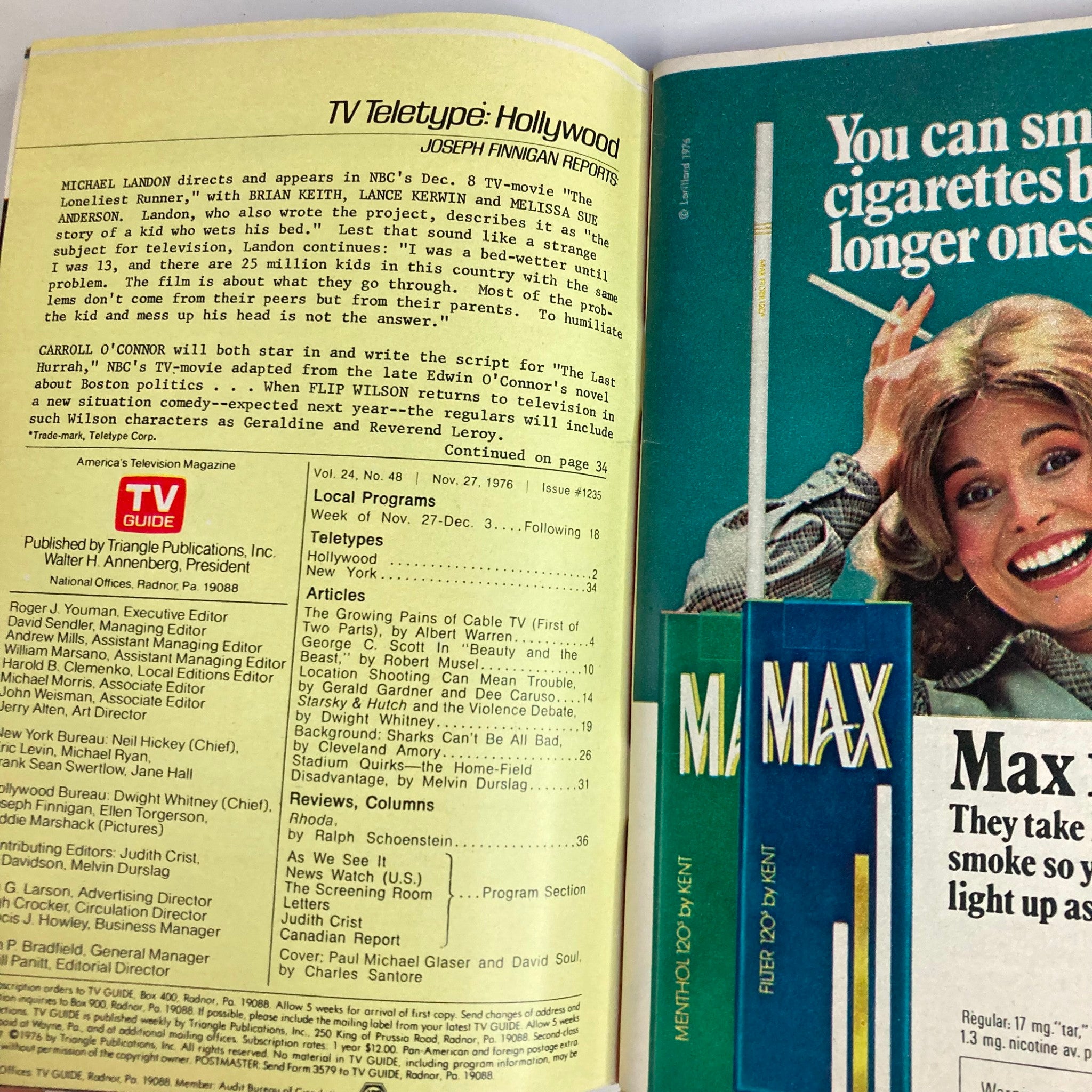 Interior page of TV Guide Magazine from November 27, 1976, issue #1235, highlighting articles and listings related to the television industry of the 1970s.