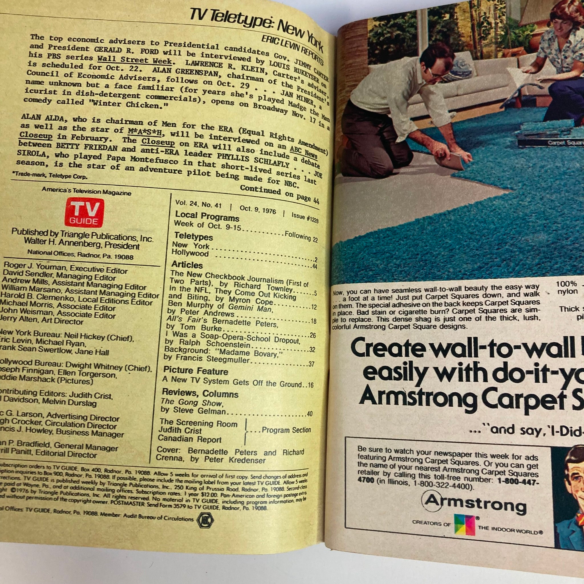 Inside page of TV Guide Magazine October 9 1976 displaying a TV tele type article. The page includes details on programming for the week of October 9-15 and features Bernadette Peters. Vintage advertisements and article highlights reflect the media landscape of that era.