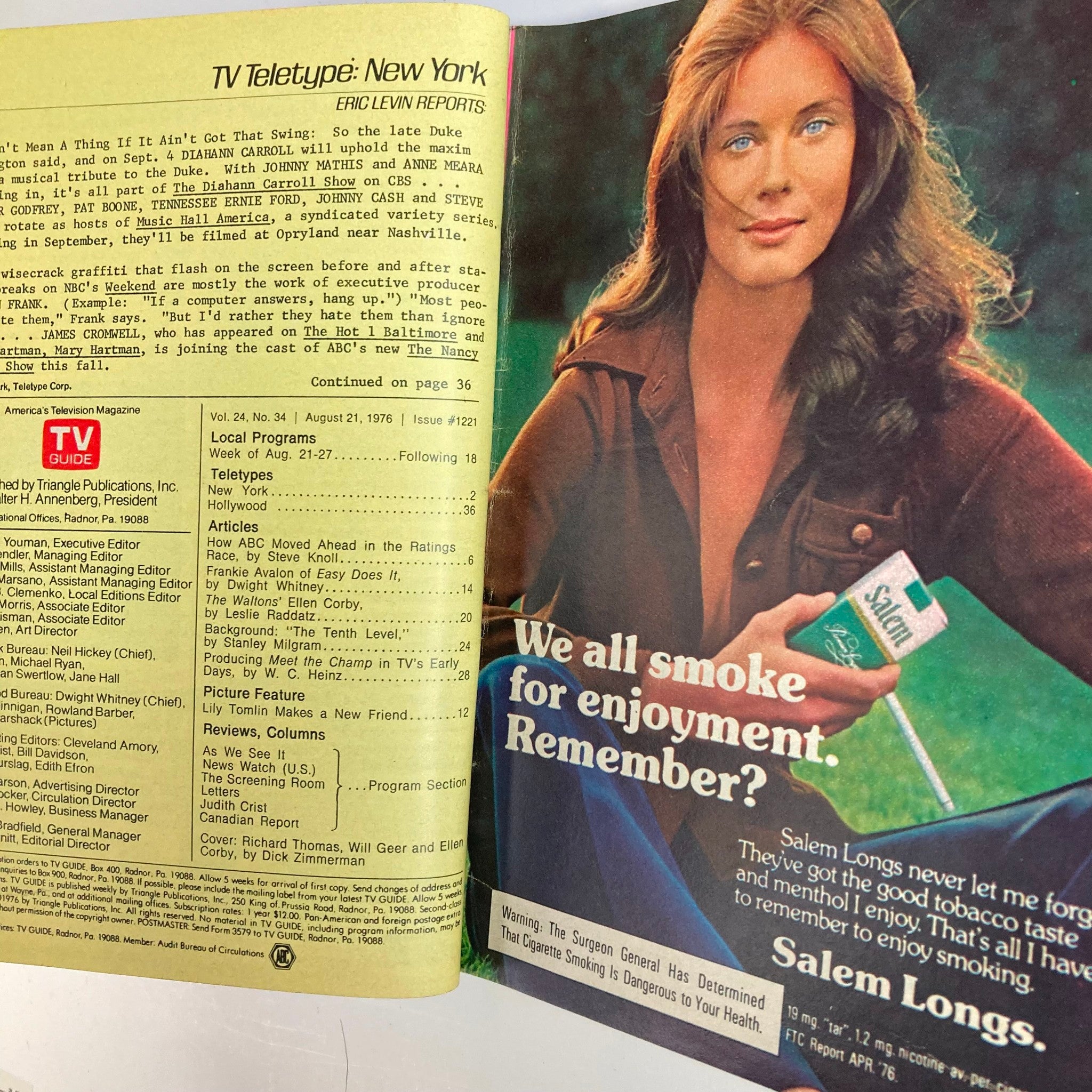 Interior page of TV Guide Magazine August 21 1976, issue number 1221, displaying a segment about television programming and an advertisement featuring a woman holding Salem Longs cigarettes, reflecting 1970s advertising trends.