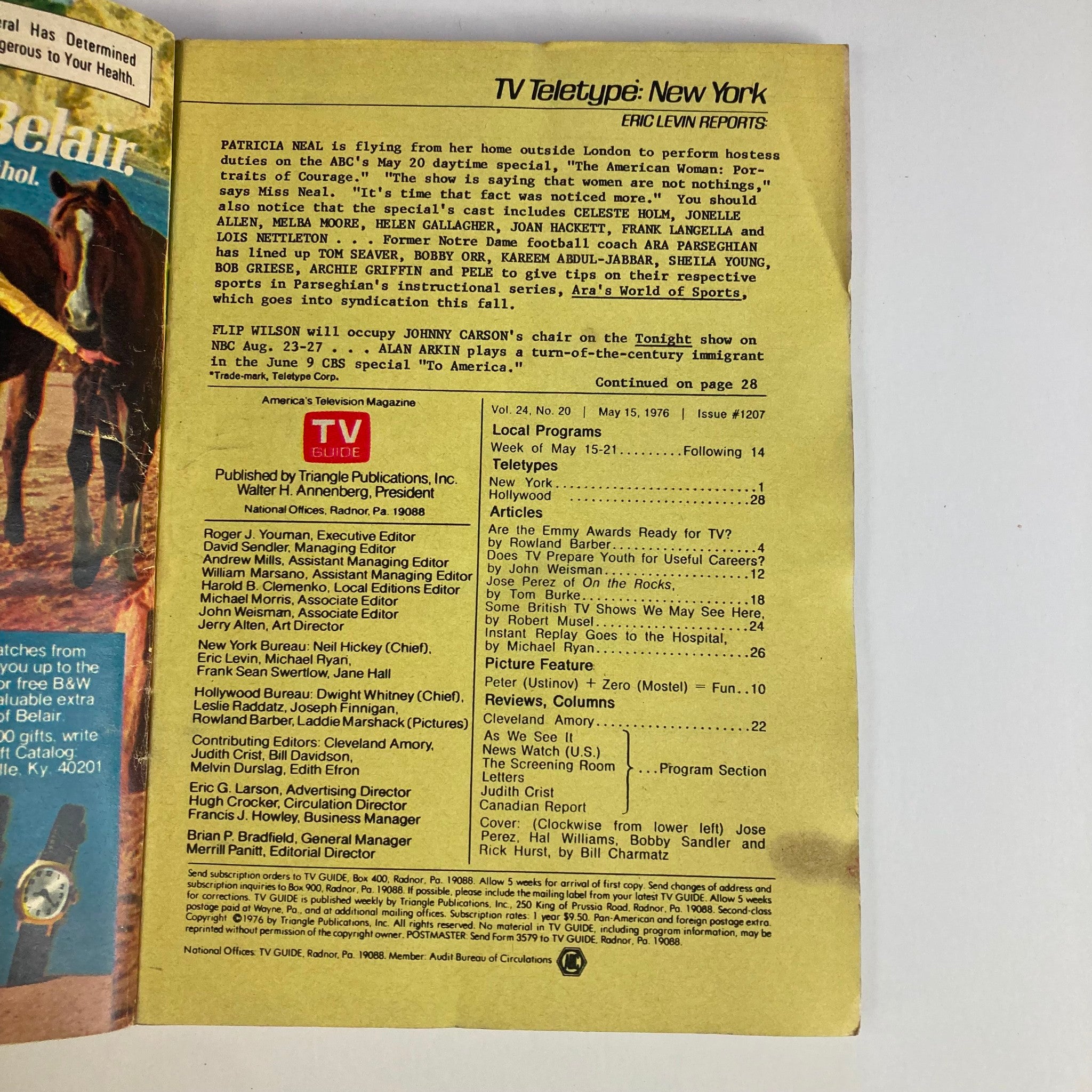 Back cover of TV Guide Magazine May 15 1976 Issue #1207 displaying TV teletypes and editor notes, further emphasizing its role in documenting television programming of the 1970s.