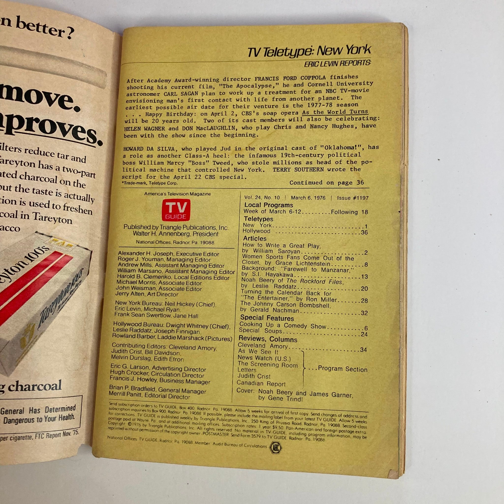 Inside page of TV Guide Magazine March 6 1976 issue #1197 displaying TV listings and articles, including a piece by William Saroyan and program details.