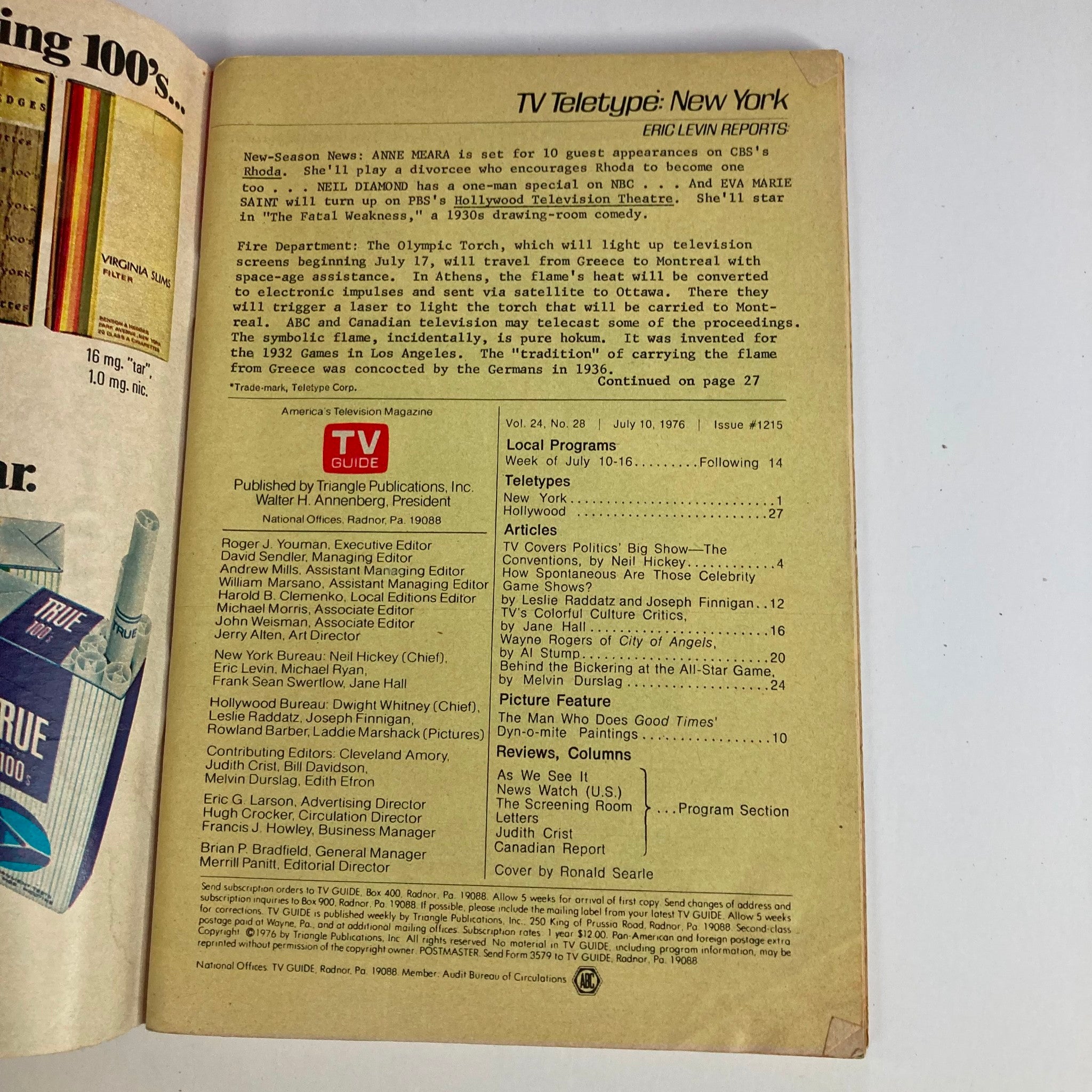 Back cover of TV Guide Magazine July 10 1976 featuring text on television programming details and the magazine's editorial team, showcasing the historical significance of the era's television landscape.