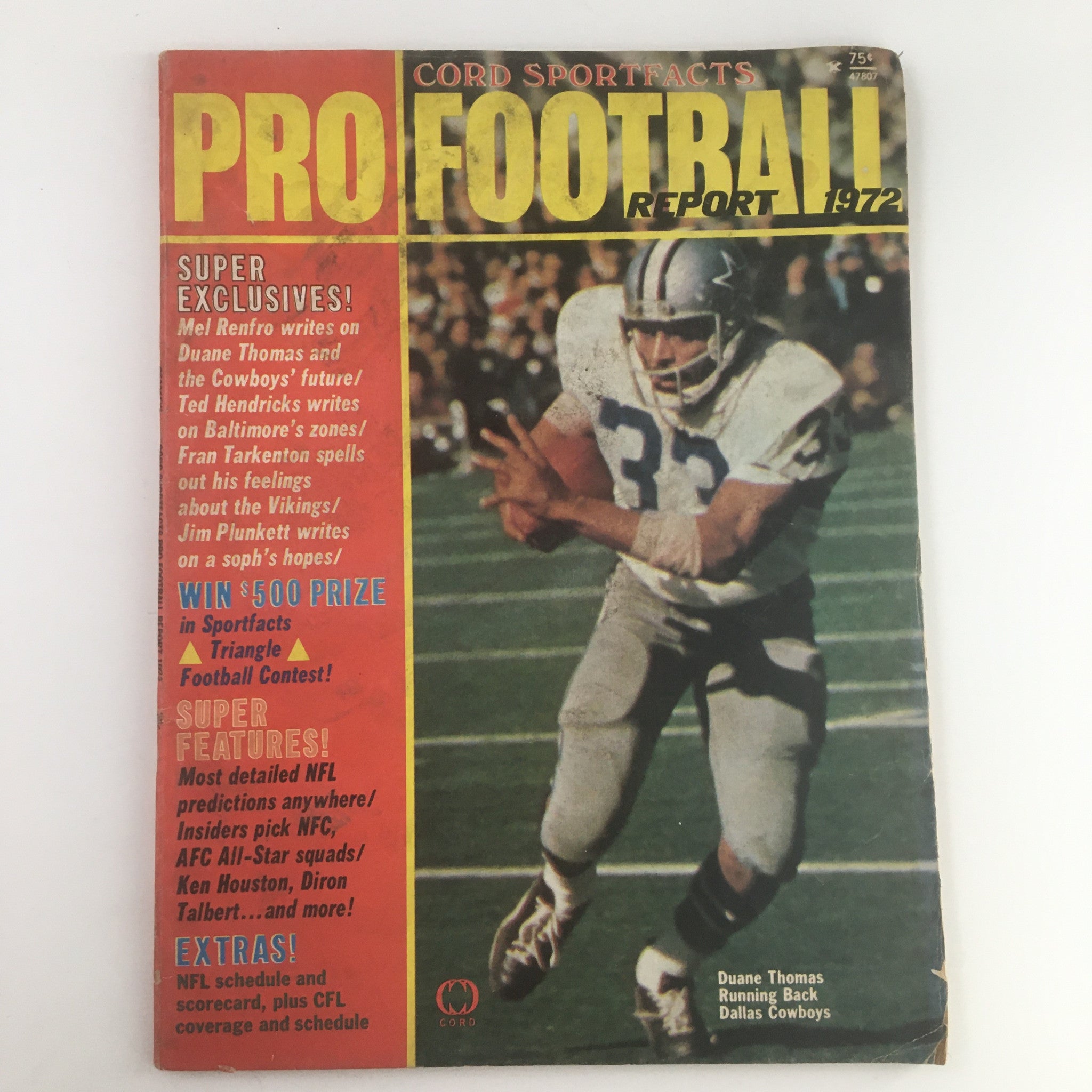 1972 Pro Football Magazine featuring Dallas Cowboys' running back Duane Thomas, showcasing the vintage cover design and iconic football imagery.