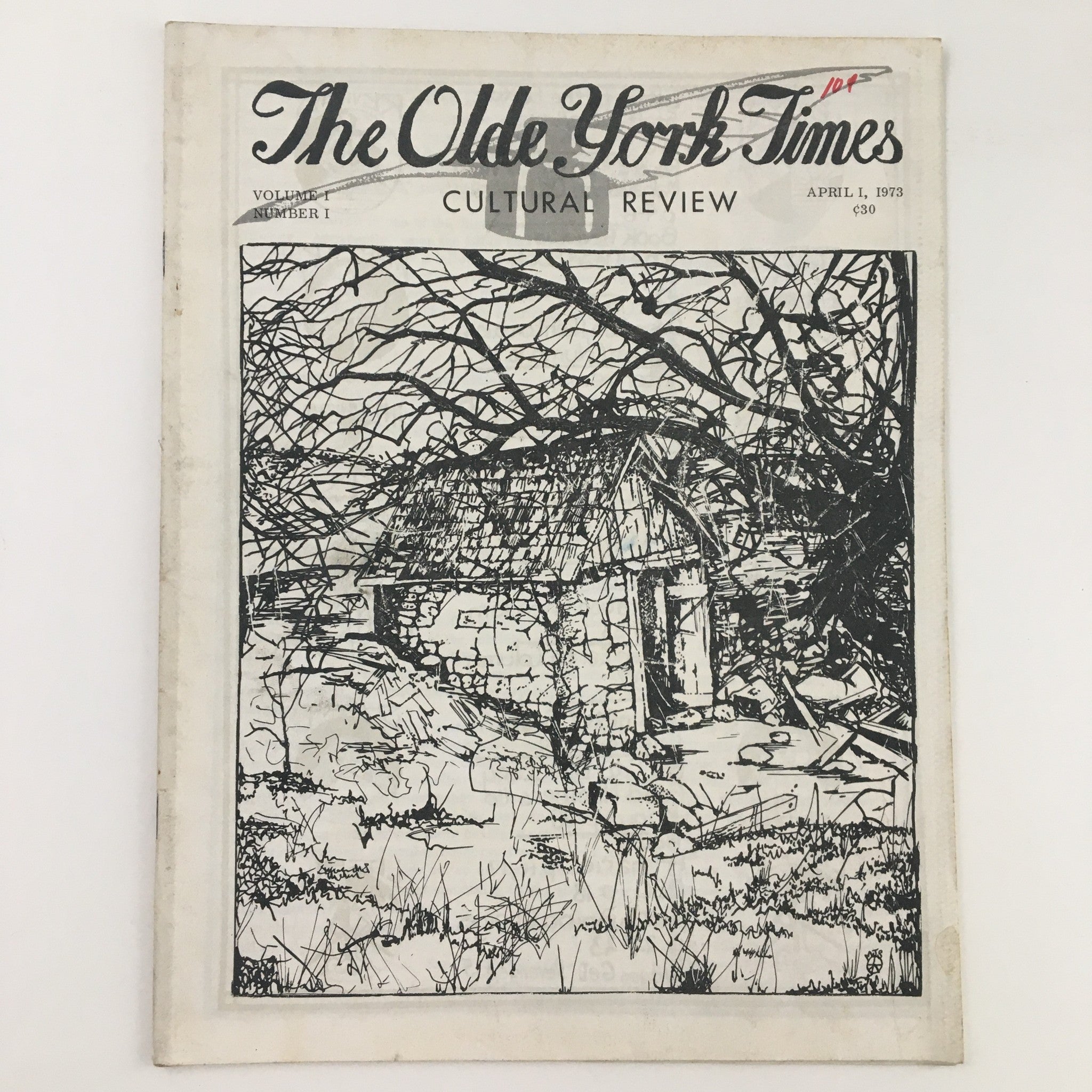 Cover of The Olde York Times Magazine April 1, 1973, featuring the Cultural Review with an illustration of a small stone house surrounded by trees.
