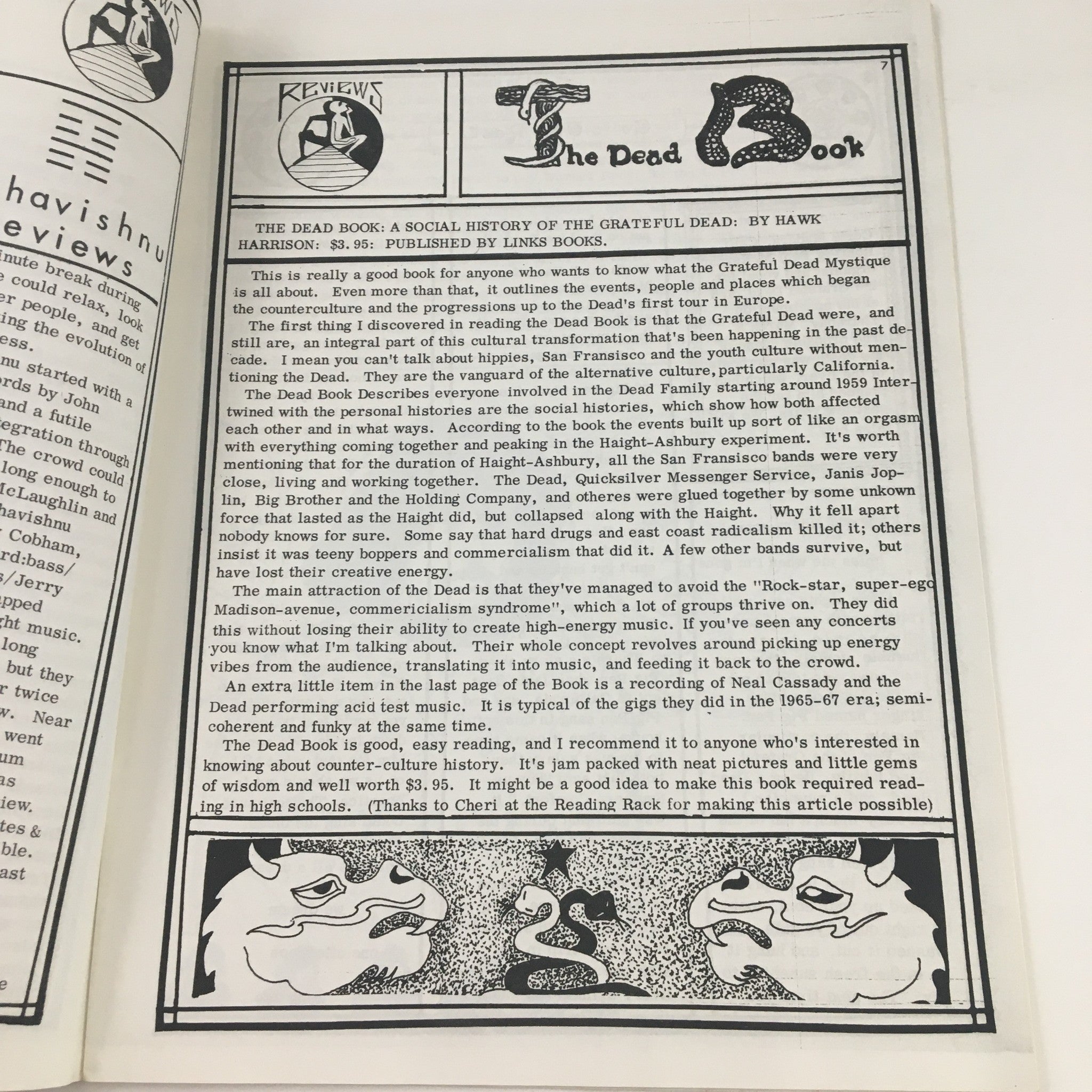 Page from The Olde York Times Magazine April 1, 1973 featuring a review of 'The Dead Book: A Social History of the Grateful Dead' highlighting cultural insights.