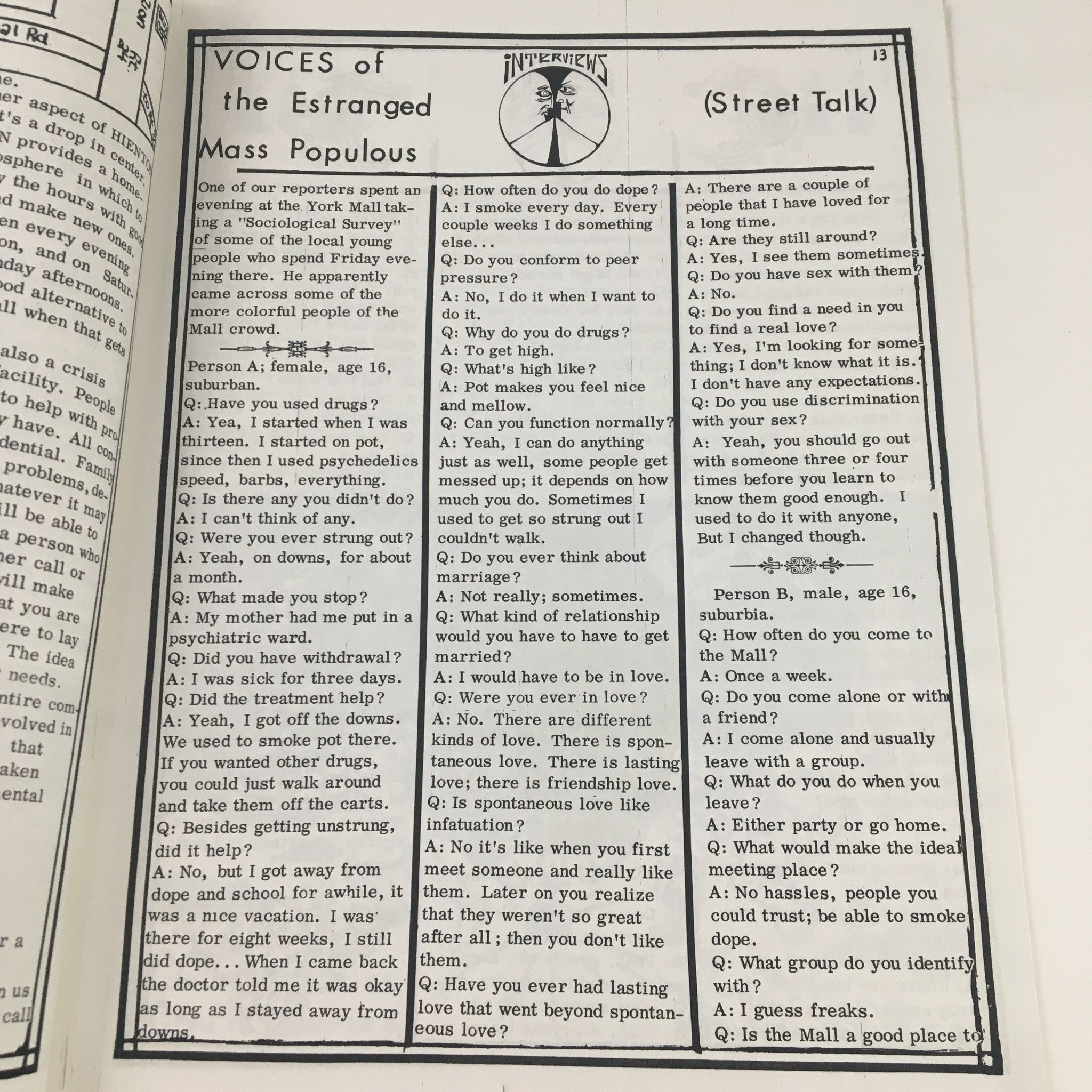 Interview section from The Olde York Times Magazine April 1, 1973, titled 'Voices of the Estranged Mass Populous', discussing youth culture and responses to drug usage.