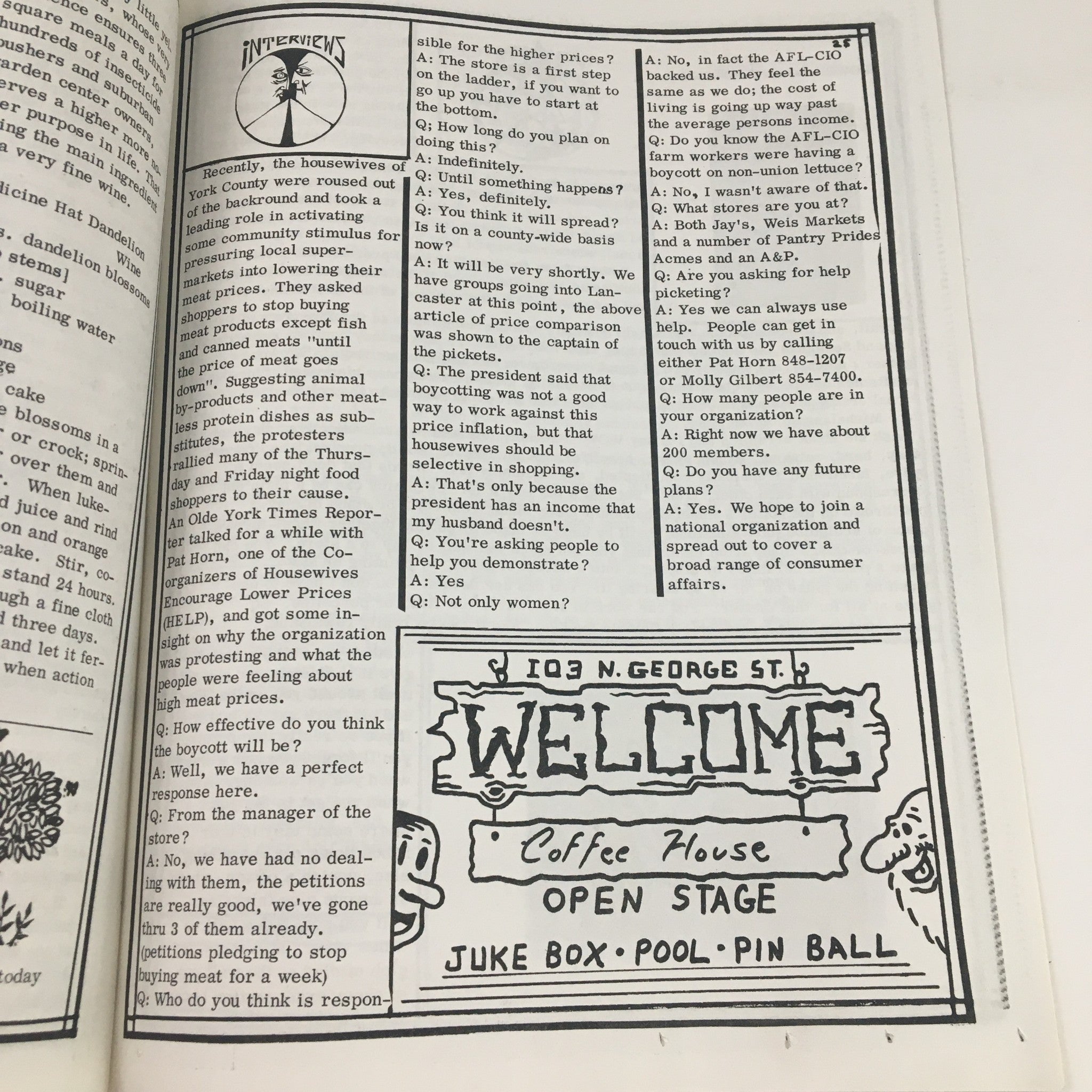 Interview and consumer concerns page in The Olde York Times Magazine April 1, 1973 related to boycott and community activism against rising meat prices.