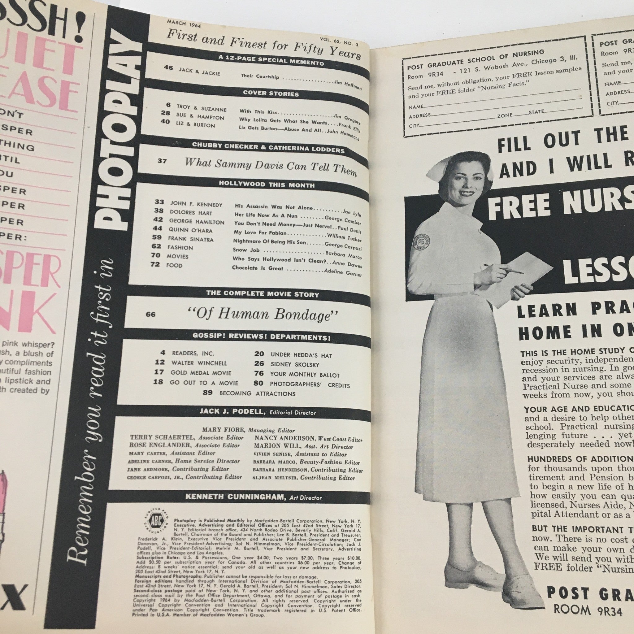 Interior pages of Photoplay Magazine March 1964 featuring articles on John F. Kennedy and Jacqueline Kennedy courtship, showcasing vintage design and advertisements.