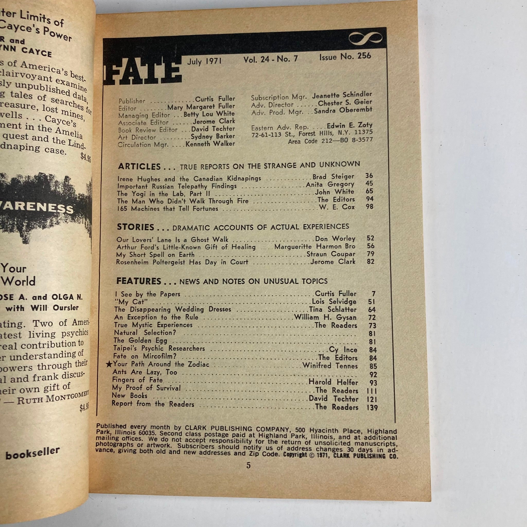Inside page layout of VTG Fate Magazine July 1971 Vol 24 No. 7 showcasing article titles, editorial details, and subscription information.