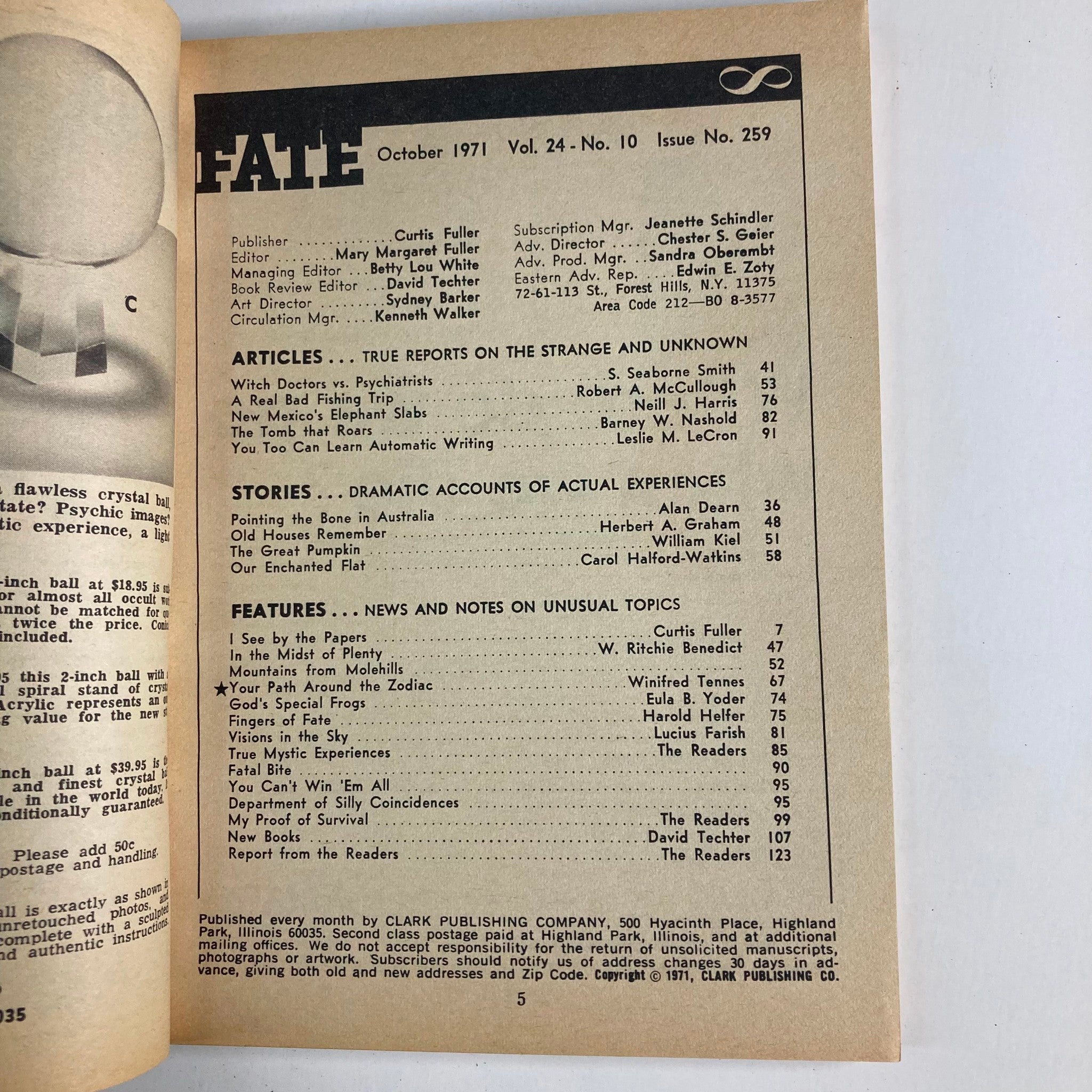 Table of contents page from the VTG Fate Magazine October 1971 Vol 24 No 10, detailing articles and stories about the strange and unknown.